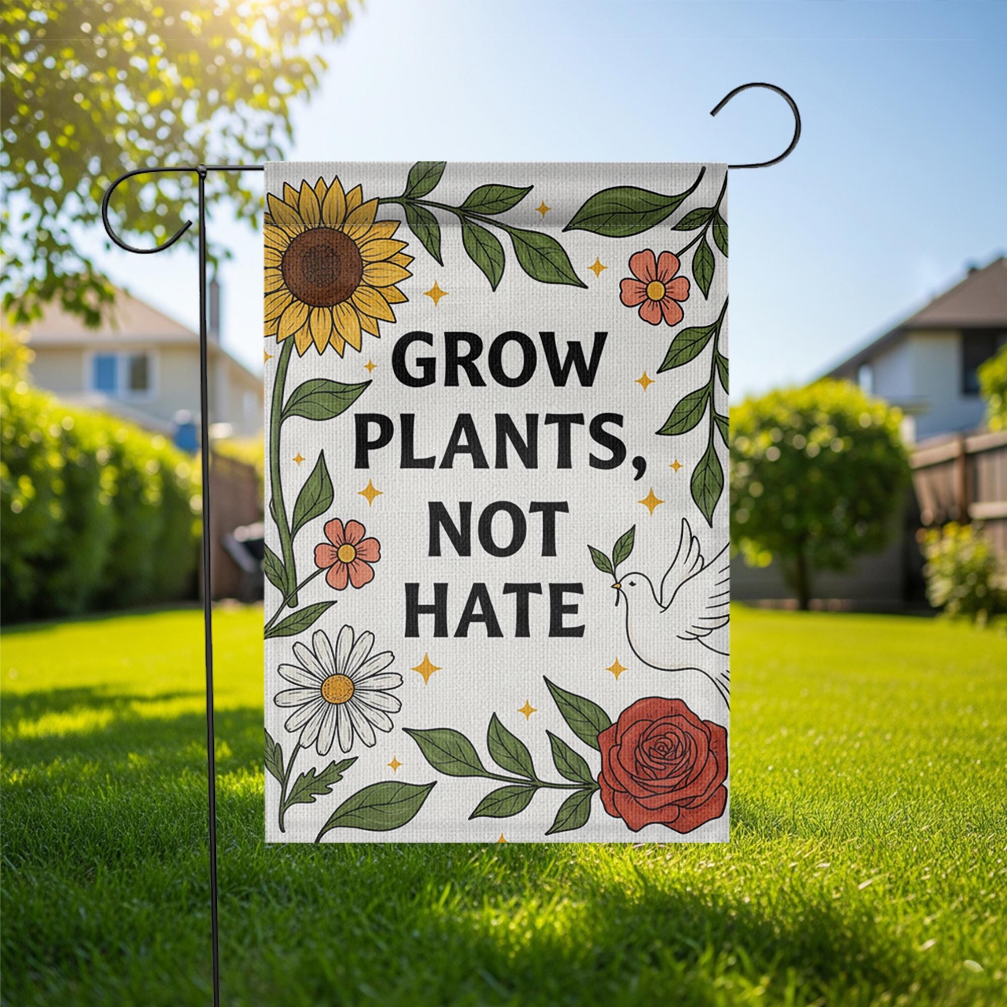 Grow Plants Not Hate Garden Flag, Peaceful Yard Decor, Inspirational Outdoor Sign, Floral Garden Banner, Kindness Flag