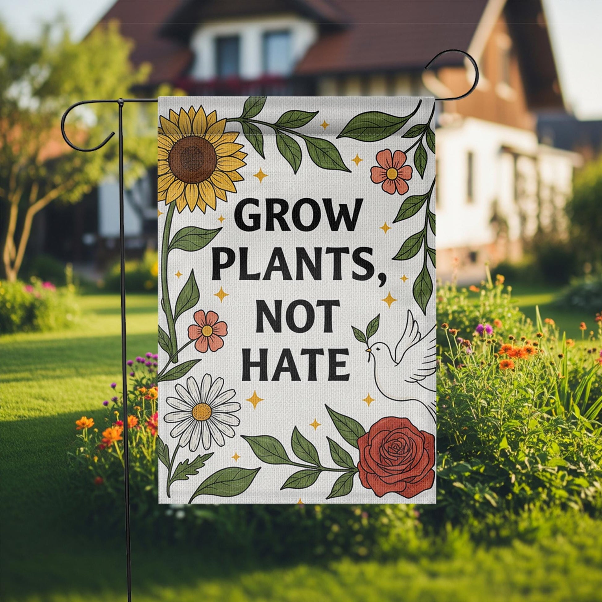 Grow Plants Not Hate Garden Flag, Peaceful Yard Decor, Inspirational Outdoor Sign, Floral Garden Banner, Kindness Flag