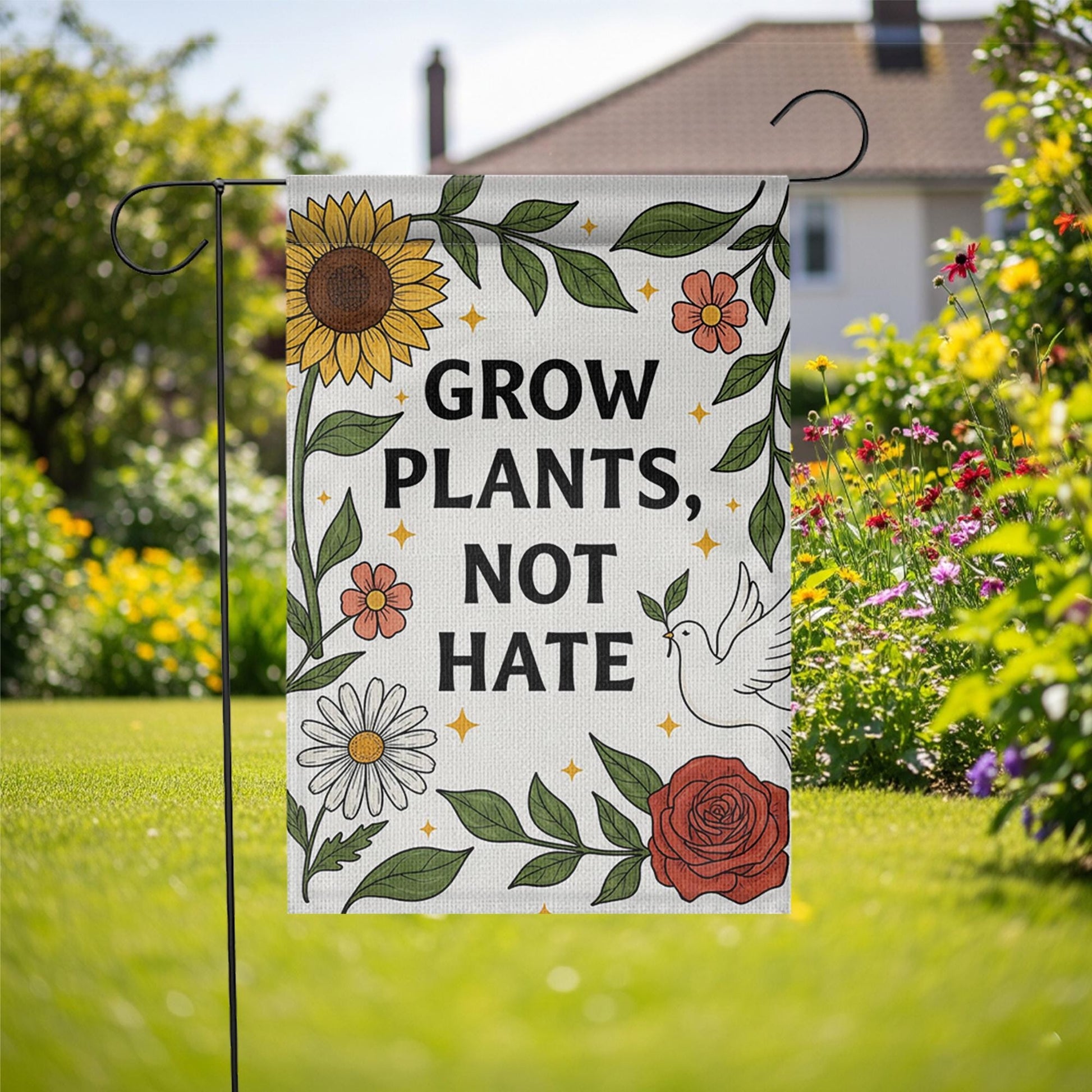 Grow Plants Not Hate Garden Flag, Peaceful Yard Decor, Inspirational Outdoor Sign, Floral Garden Banner, Kindness Flag