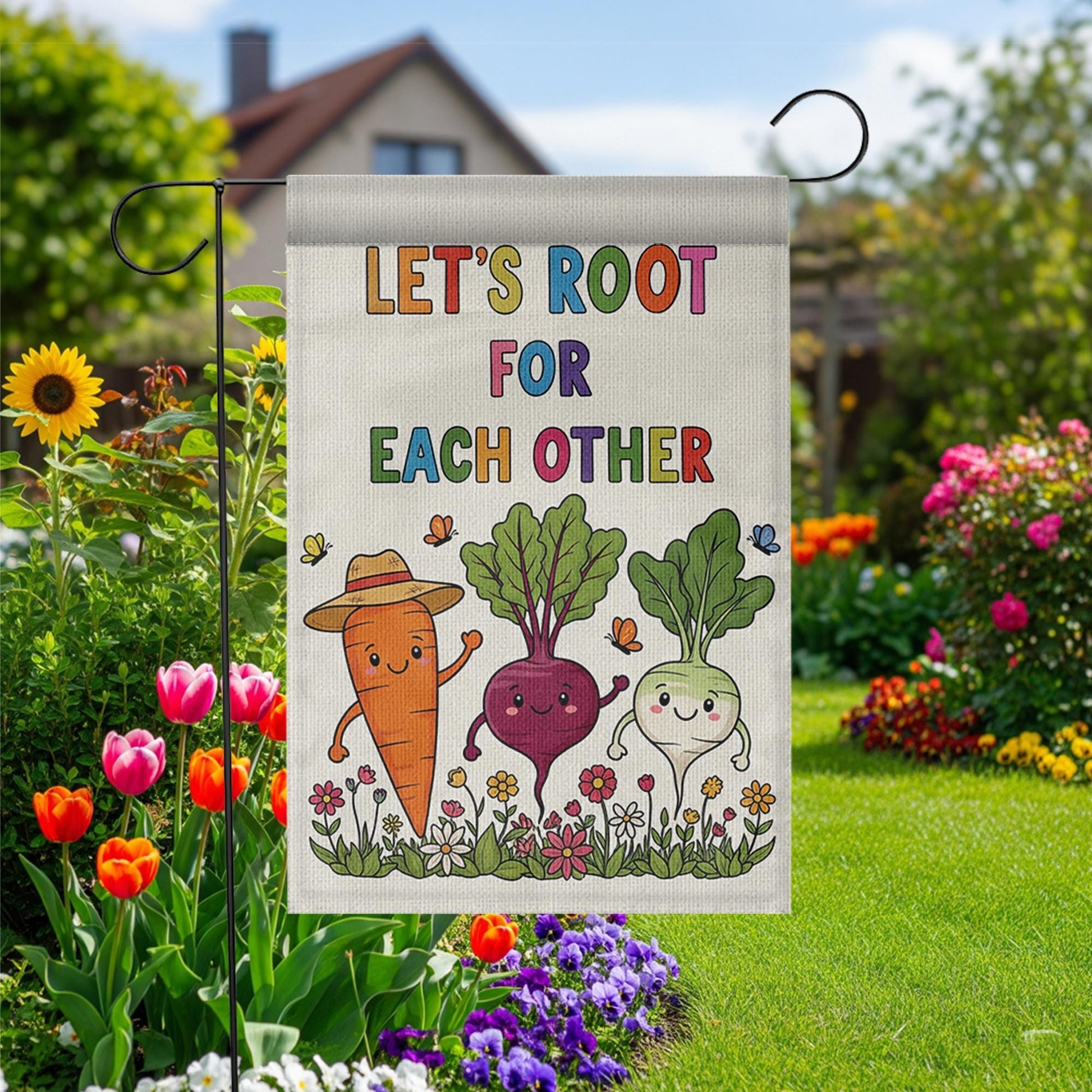 Let's Root for Each Other Garden Flag, Cute Vegetable Yard Sign, Uplifting Outdoor Decor, Funny Garden Banner, Wholesome Flag