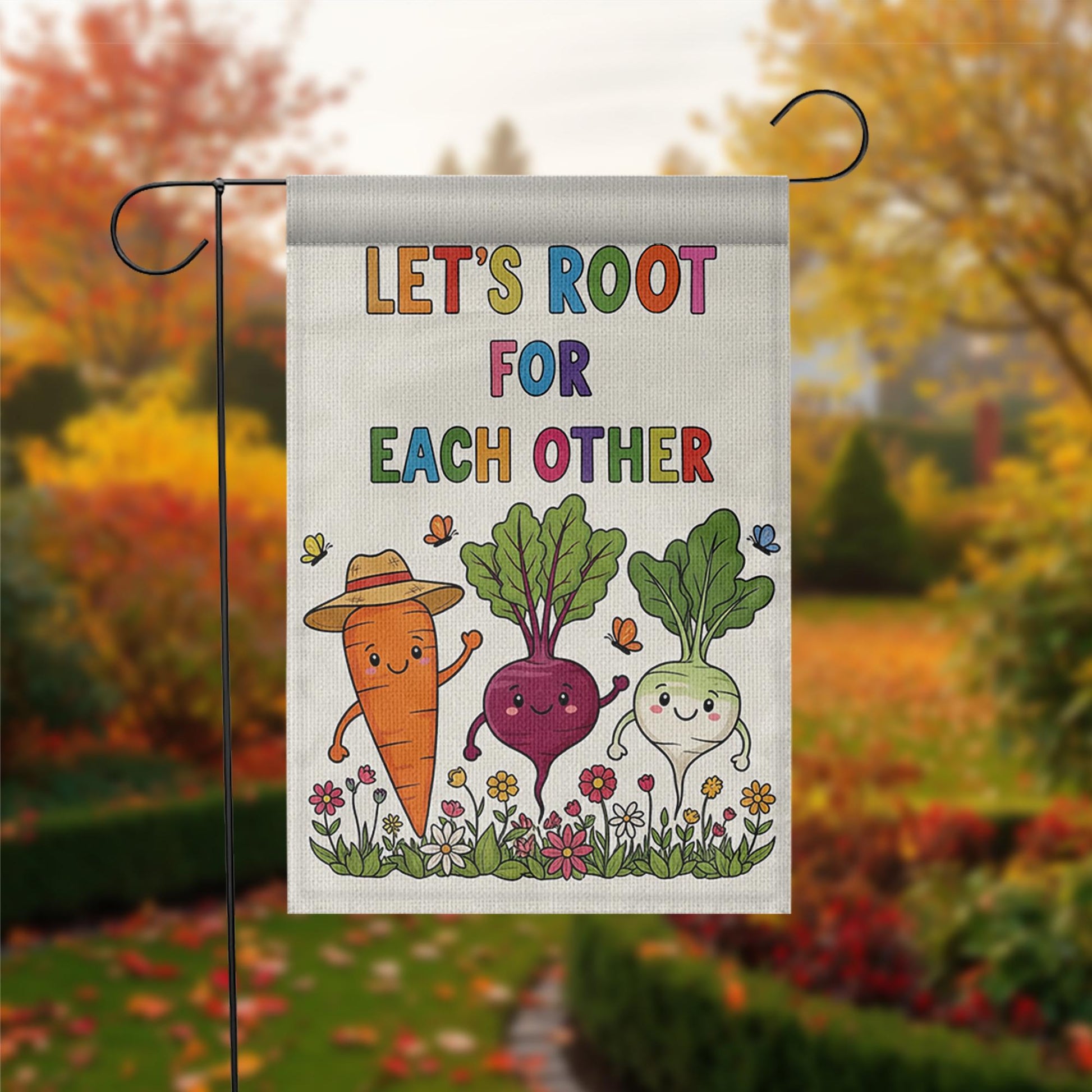 Let's Root for Each Other Garden Flag, Cute Vegetable Yard Sign, Uplifting Outdoor Decor, Funny Garden Banner, Wholesome Flag