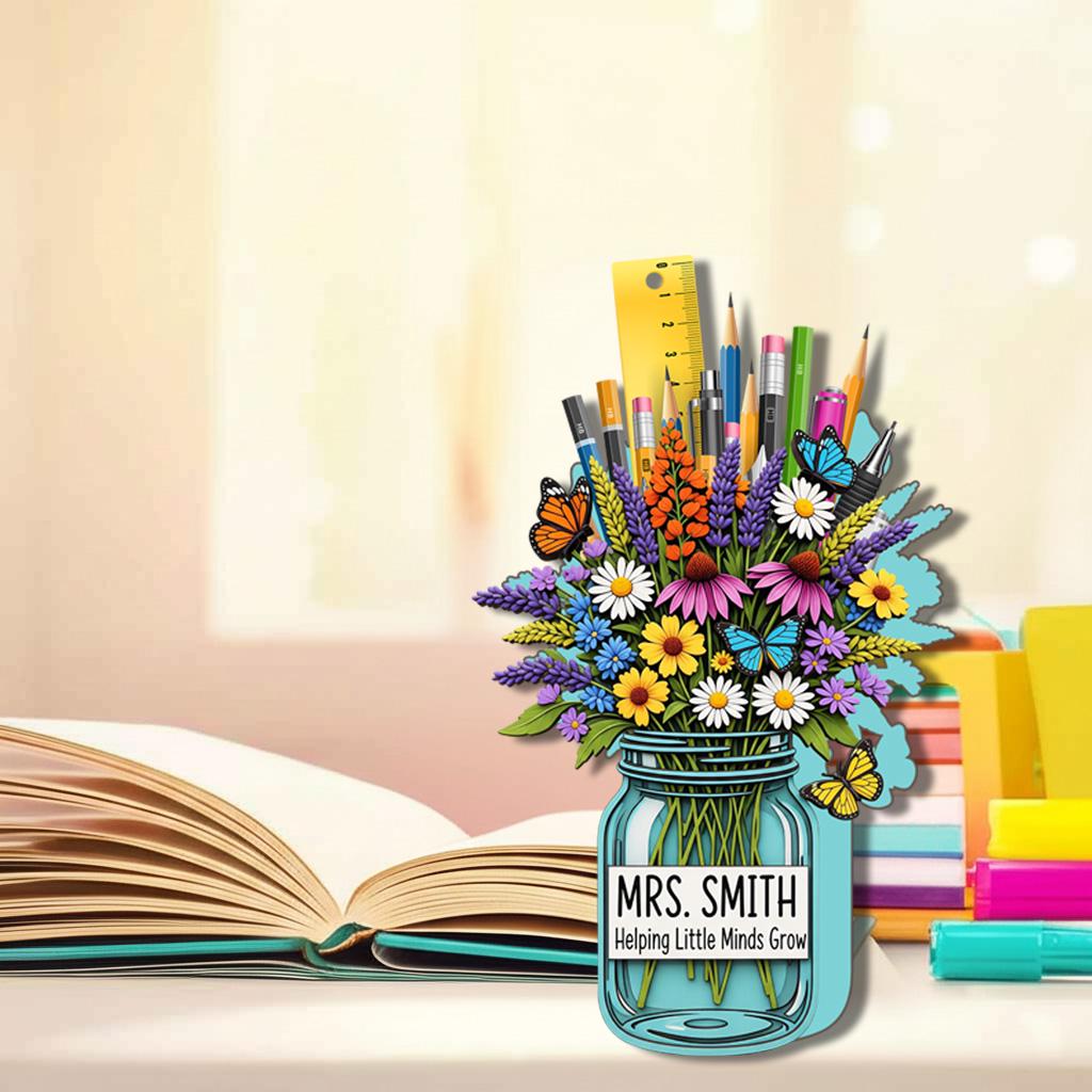 Personalized Teacher Desk Decor | Floral Jar Name Pencil Holder | Custom Classroom Gift for Teacher Appreciation or Back To School Gift