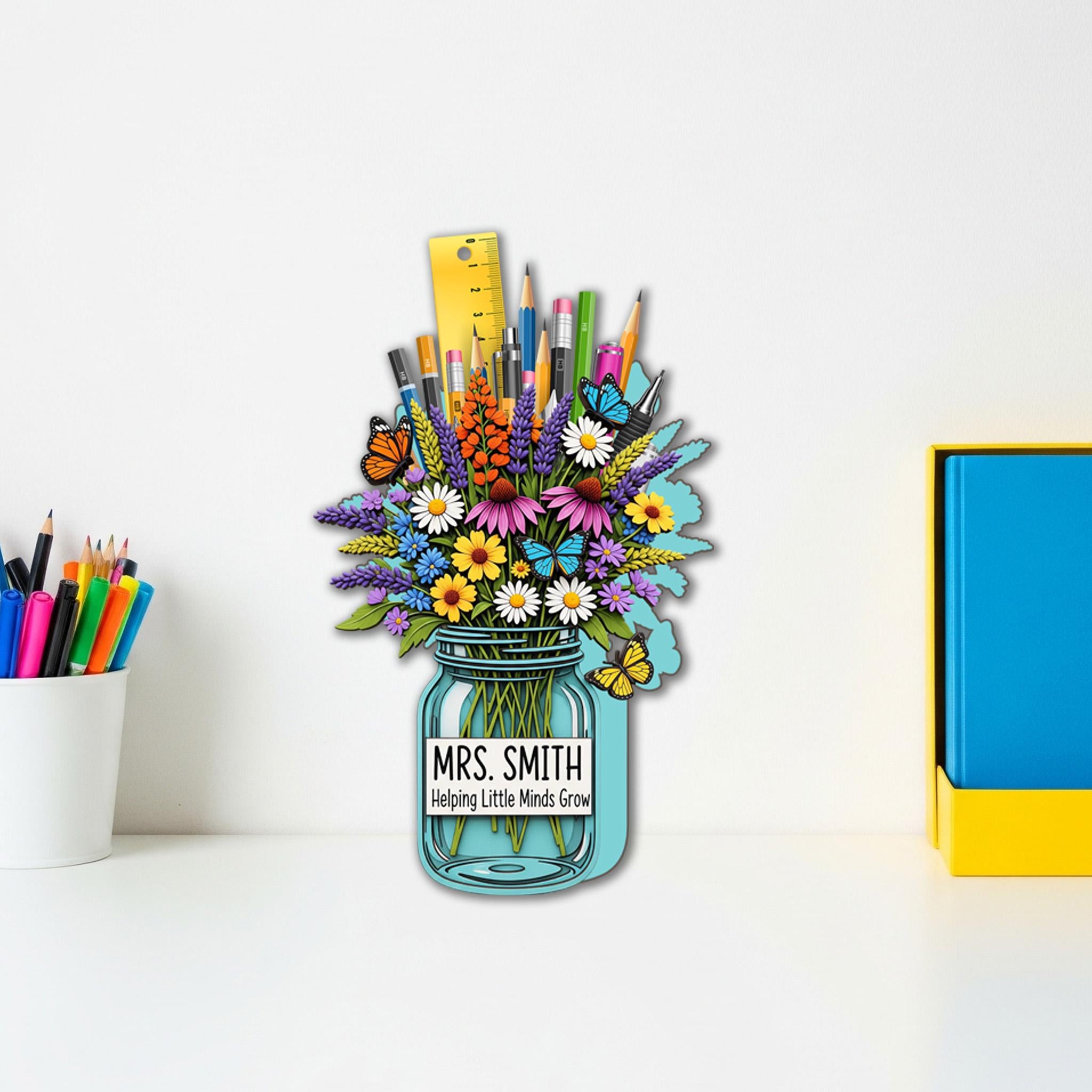 Personalized Teacher Desk Decor | Floral Jar Name Pencil Holder | Custom Classroom Gift for Teacher Appreciation or Back To School Gift