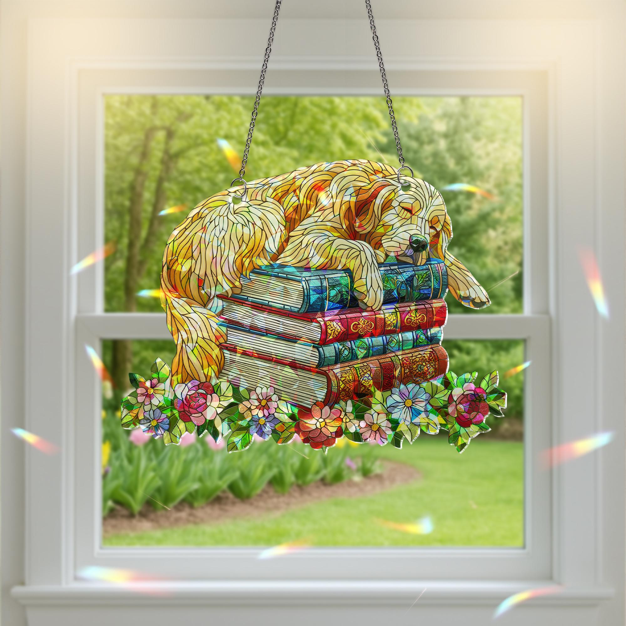 Golden Retriever Book Suncatcher, Holographic Acrylic Window Decor, Dog and Books Floral Sun Catcher Gift for Readers & Pet Lovers