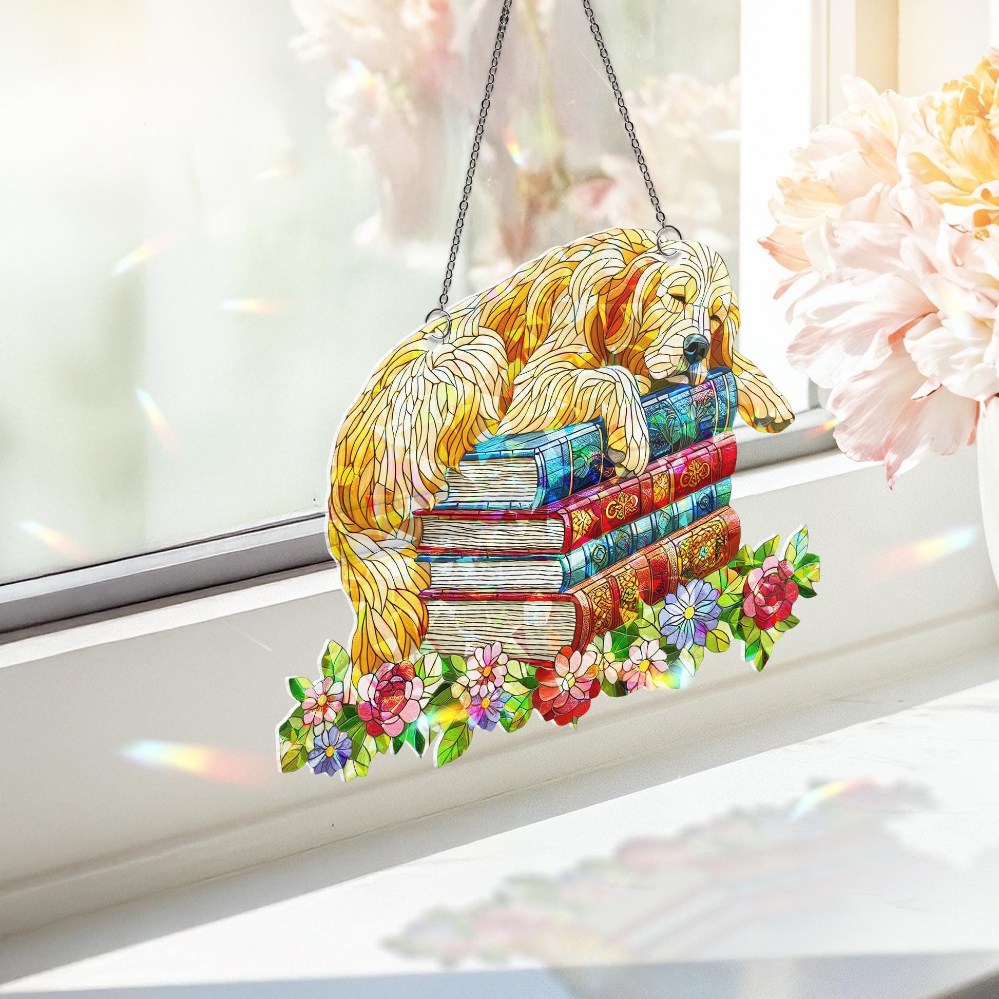 Golden Retriever Book Suncatcher, Holographic Acrylic Window Decor, Dog and Books Floral Sun Catcher Gift for Readers & Pet Lovers