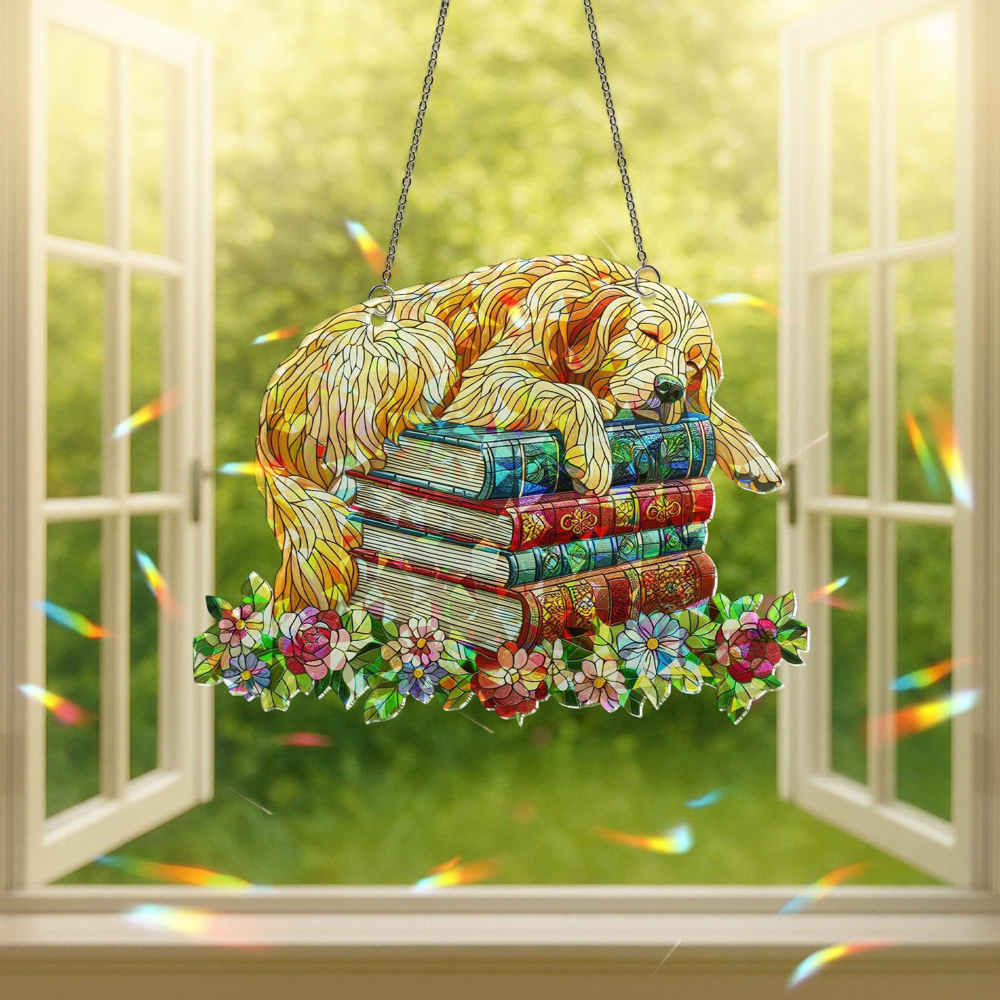 Golden Retriever Book Suncatcher, Holographic Acrylic Window Decor, Dog and Books Floral Sun Catcher Gift for Readers & Pet Lovers