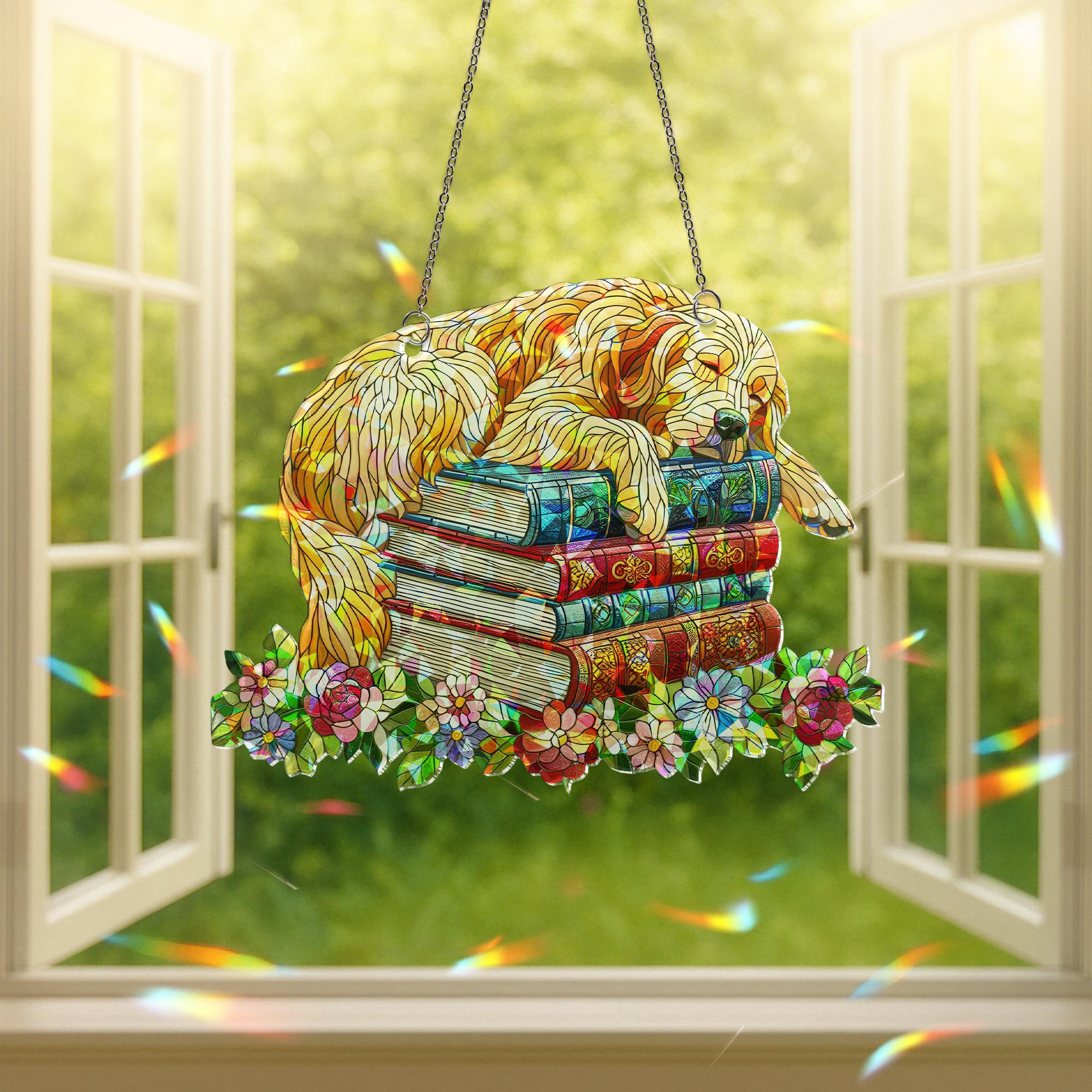 Golden Retriever Book Suncatcher, Holographic Acrylic Window Decor, Dog and Books Floral Sun Catcher Gift for Readers & Pet Lovers