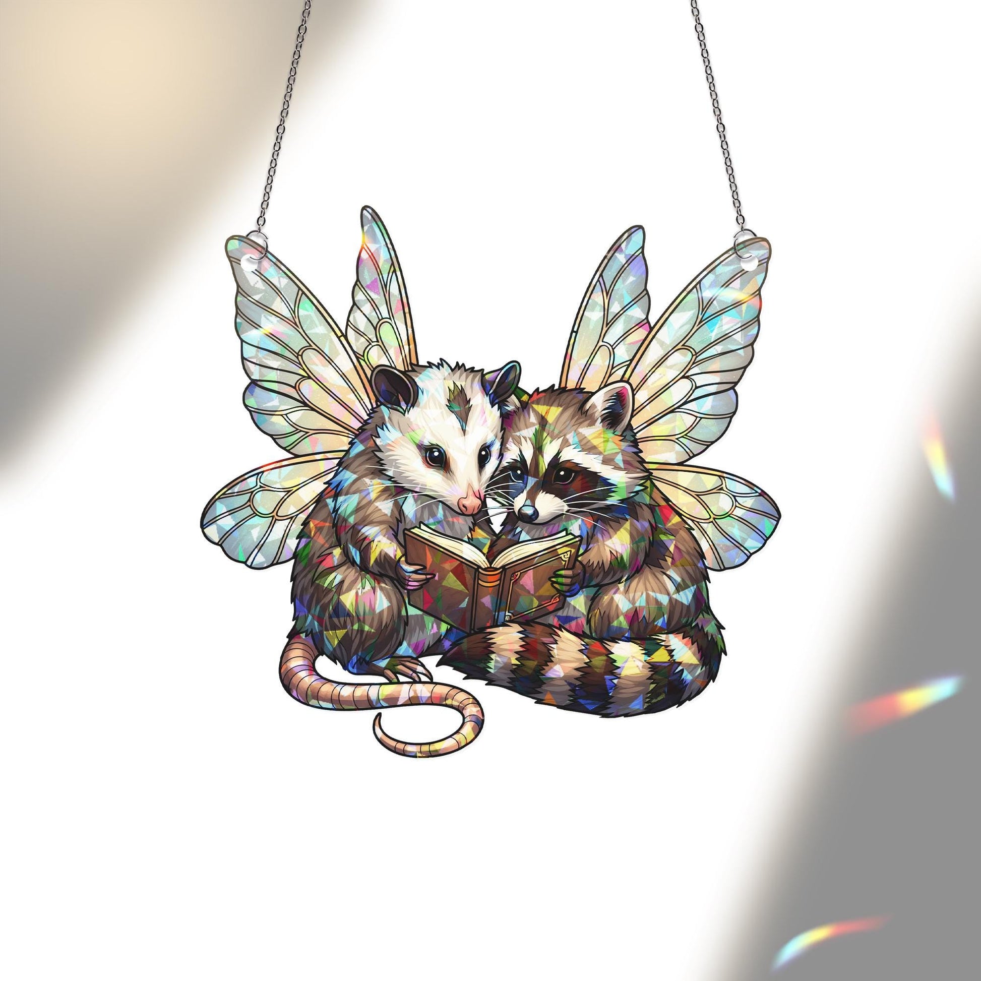 Fairy Possum & Raccoon Suncatcher, Holographic Acrylic Window Decor, Cute Book Lovers Fantasy Animal Gift, Whimsical Sun Catcher