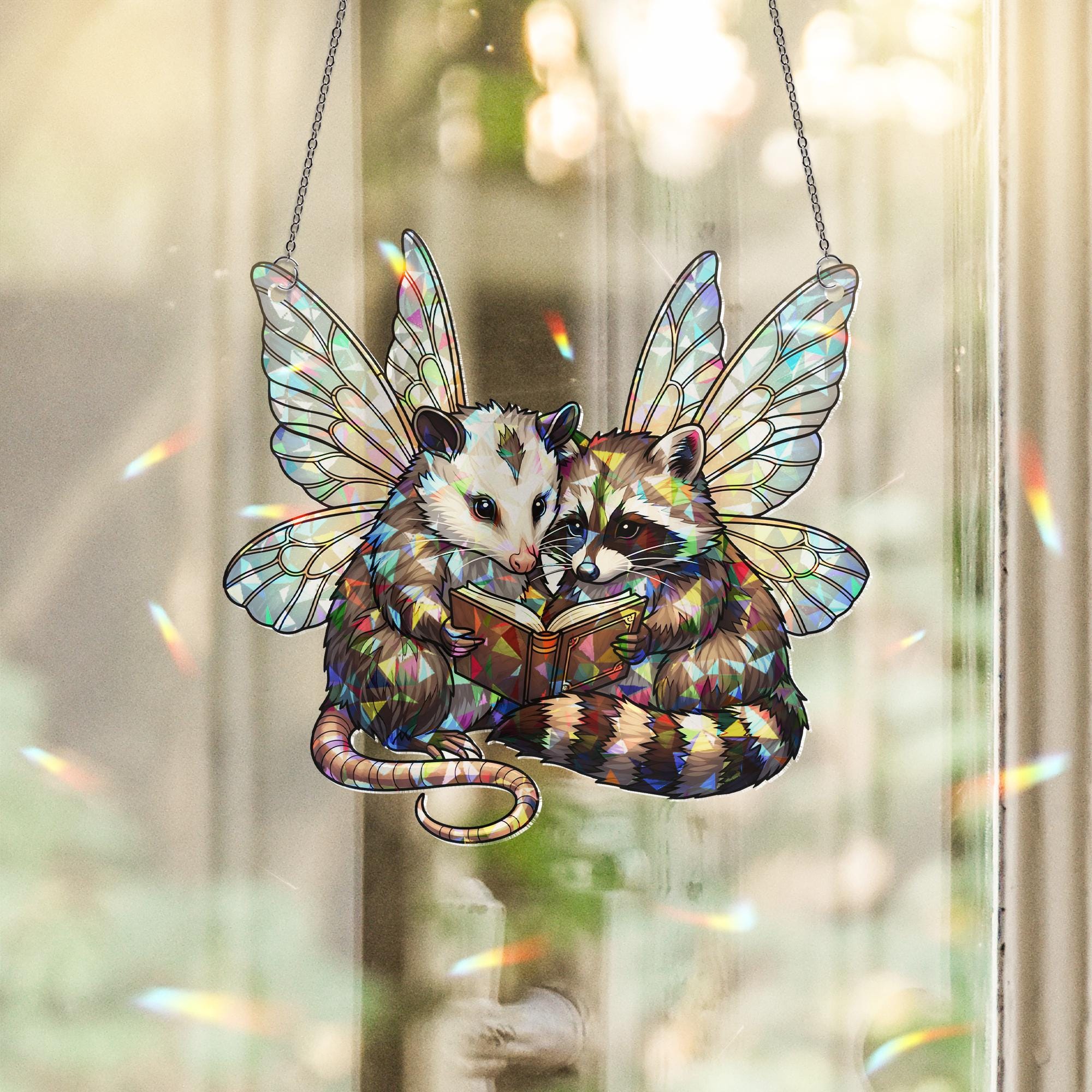 Fairy Possum & Raccoon Suncatcher, Holographic Acrylic Window Decor, Cute Book Lovers Fantasy Animal Gift, Whimsical Sun Catcher