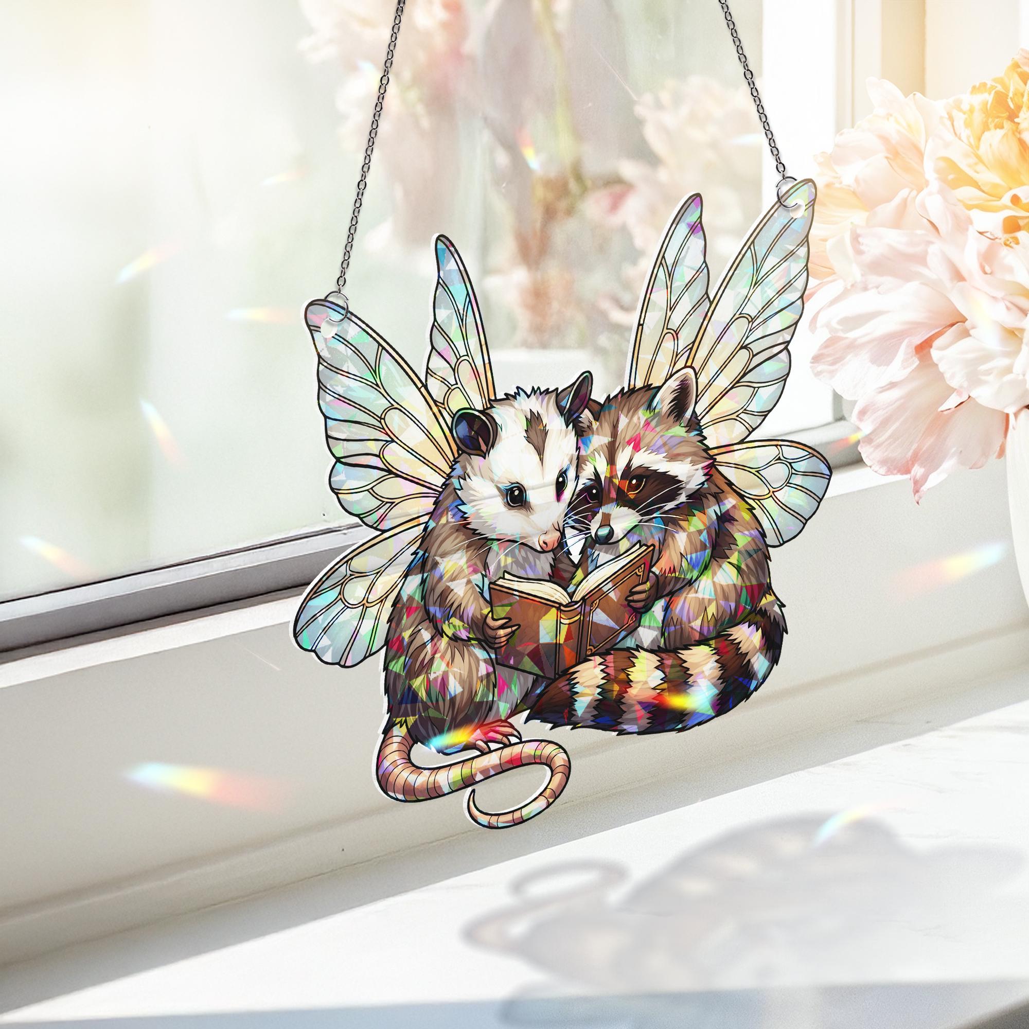 Fairy Possum & Raccoon Suncatcher, Holographic Acrylic Window Decor, Cute Book Lovers Fantasy Animal Gift, Whimsical Sun Catcher