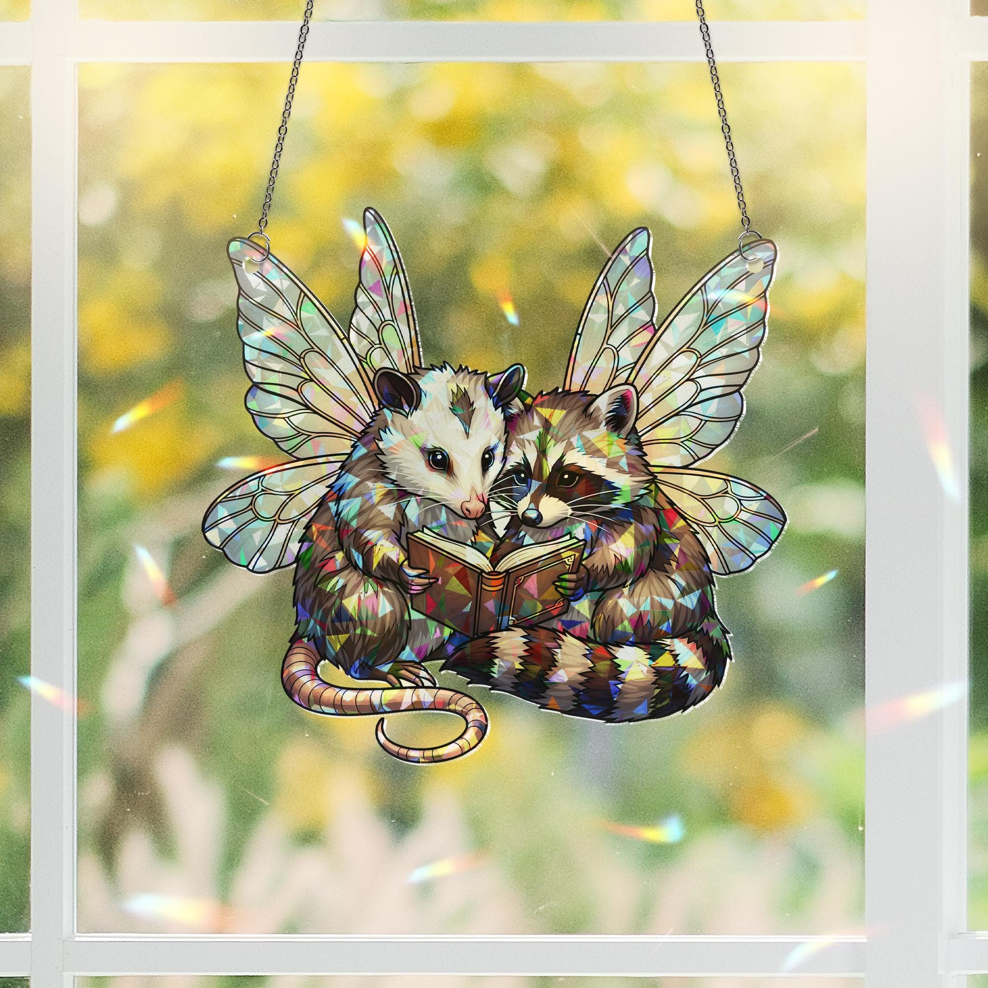 Fairy Possum & Raccoon Suncatcher, Holographic Acrylic Window Decor, Cute Book Lovers Fantasy Animal Gift, Whimsical Sun Catcher