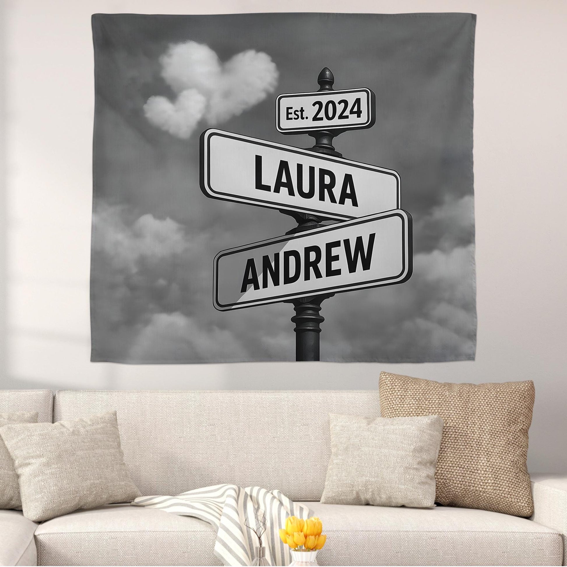 Custom Couple Street Sign Tapestry, Personalized Wall Art with Names & Est. Date, Romantic Gift for Anniversary, Wedding, or Home