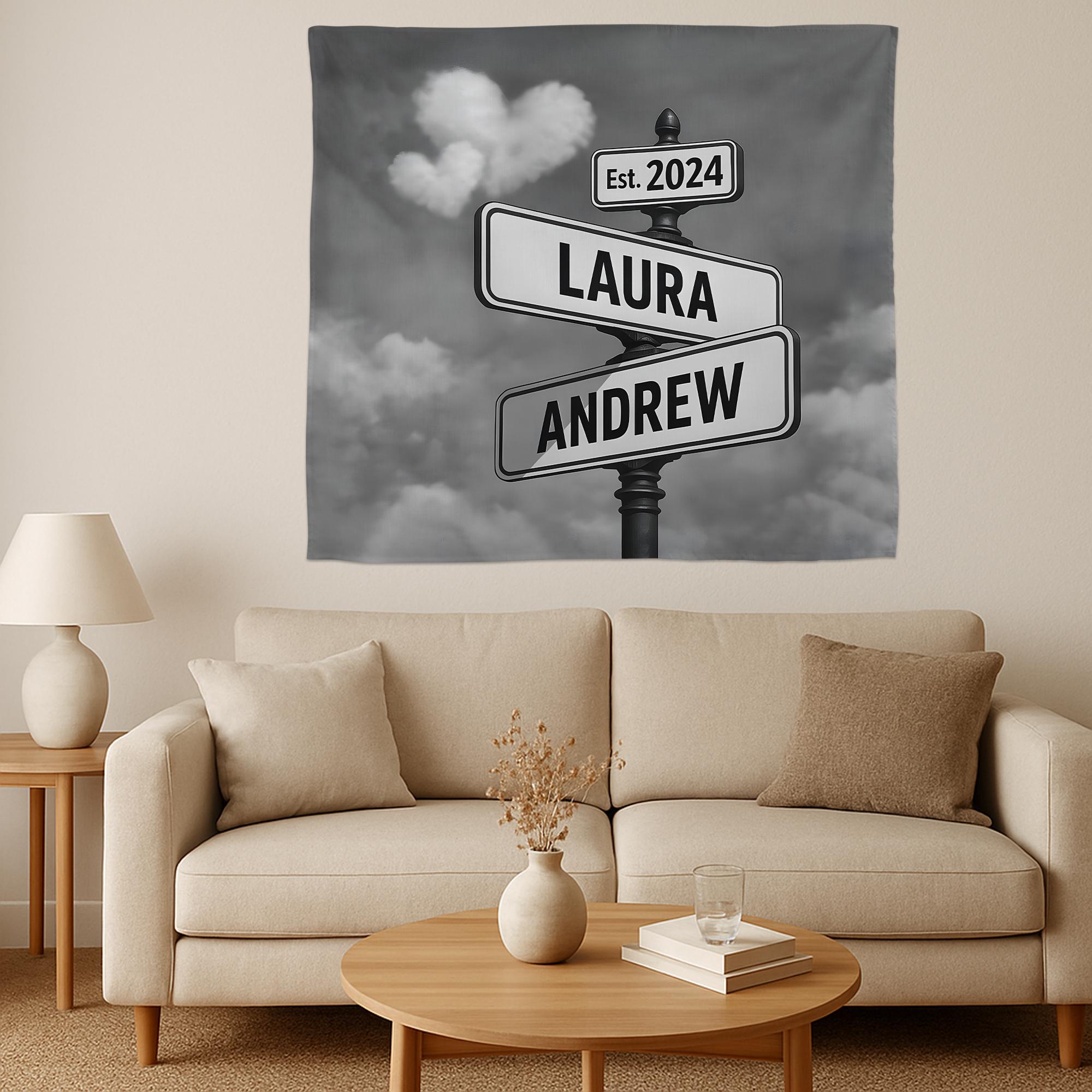 Custom Couple Street Sign Tapestry, Personalized Wall Art with Names & Est. Date, Romantic Gift for Anniversary, Wedding, or Home