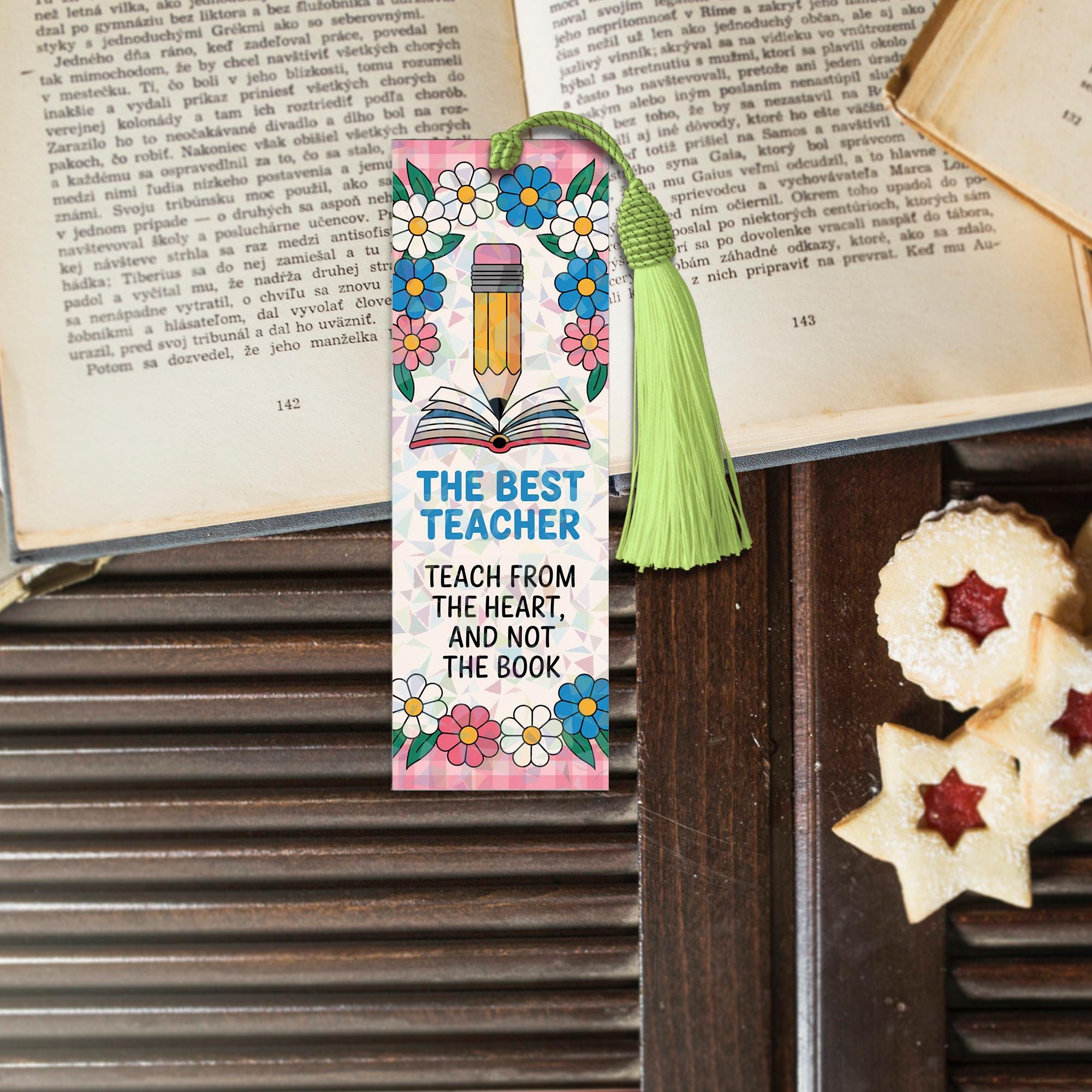 The Best Teacher Teaches From The Heart Bookmark - Back To School Teacher Gift, Thank You Present for Educators, Floral Bookmark