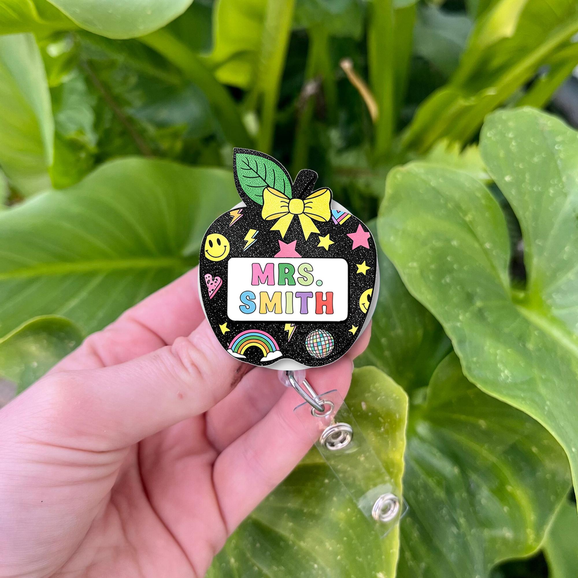 Personalized Teacher Badge Reel - Retro Black Glitter Apple ID Holder with Name - Cute Rainbow Star Smiley Back to School Gift, Teacher Gift