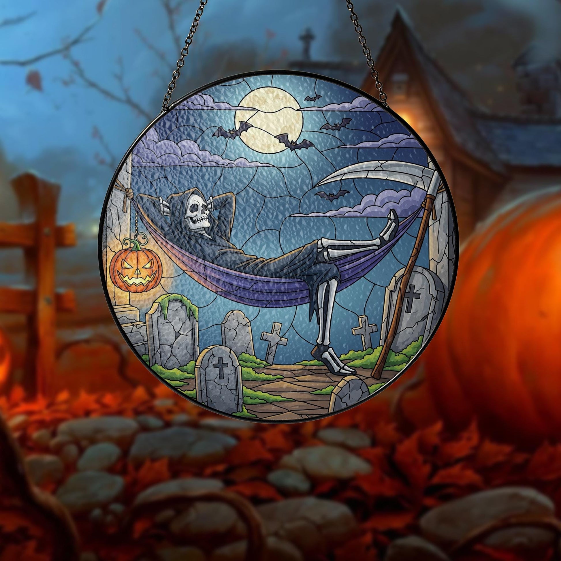 Stained Glass Halloween Suncatcher – Grim Reaper Skeleton in Hammock – Spooky Gothic Window Decor – Creepy Graveyard Art Gift