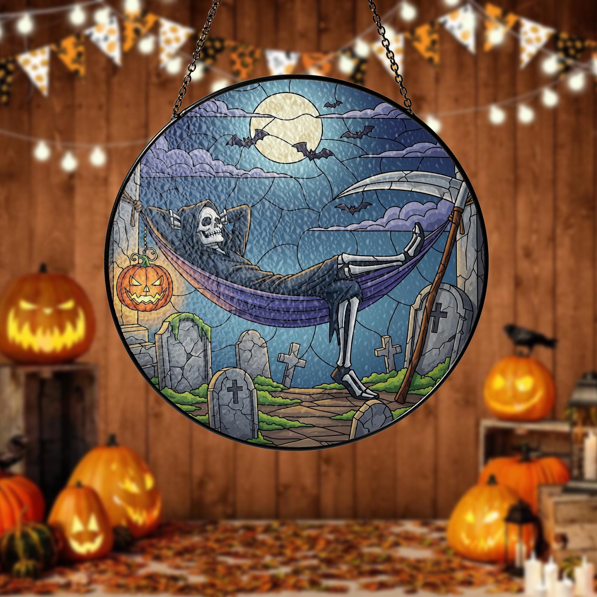 Stained Glass Halloween Suncatcher – Grim Reaper Skeleton in Hammock – Spooky Gothic Window Decor – Creepy Graveyard Art Gift
