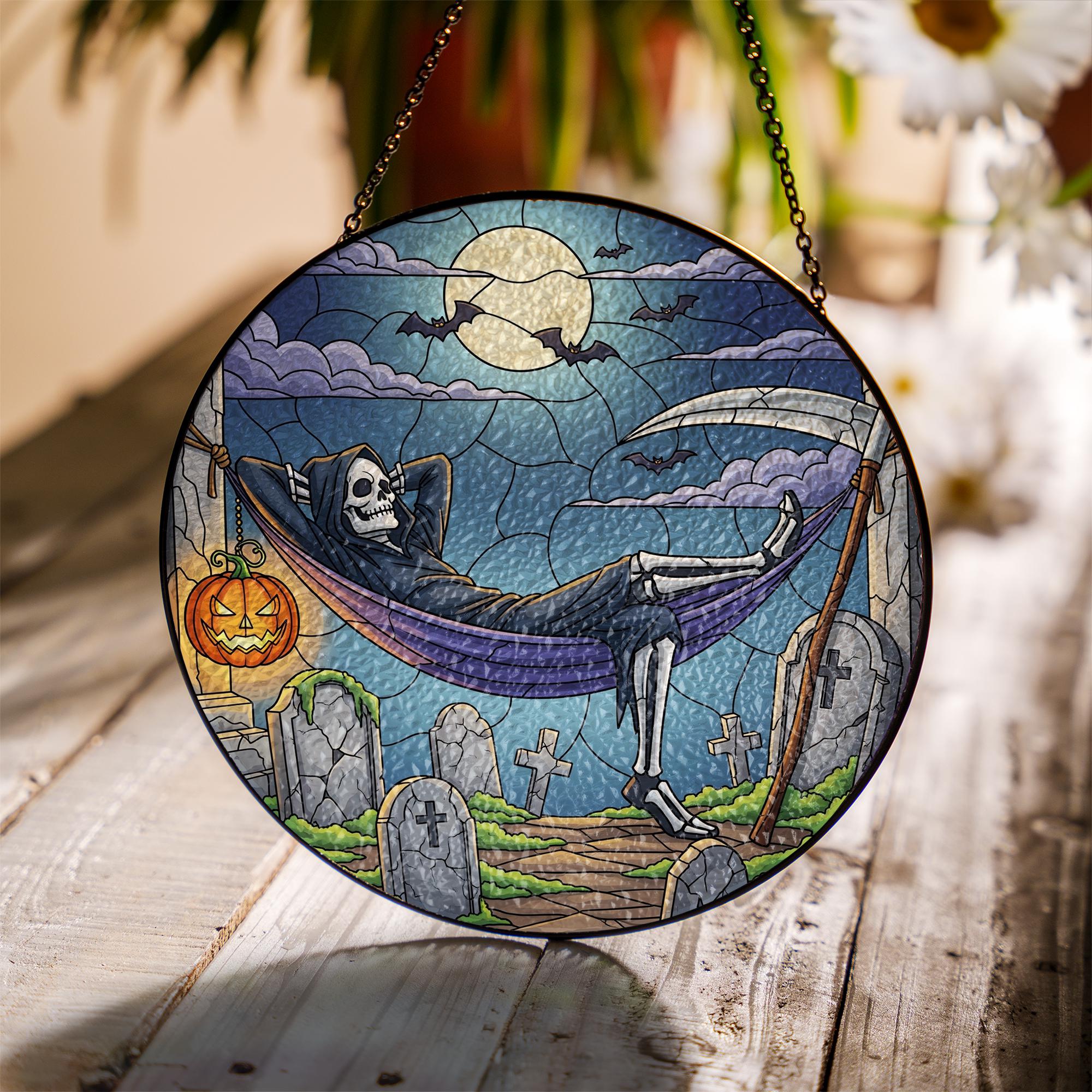 Stained Glass Halloween Suncatcher – Grim Reaper Skeleton in Hammock – Spooky Gothic Window Decor – Creepy Graveyard Art Gift