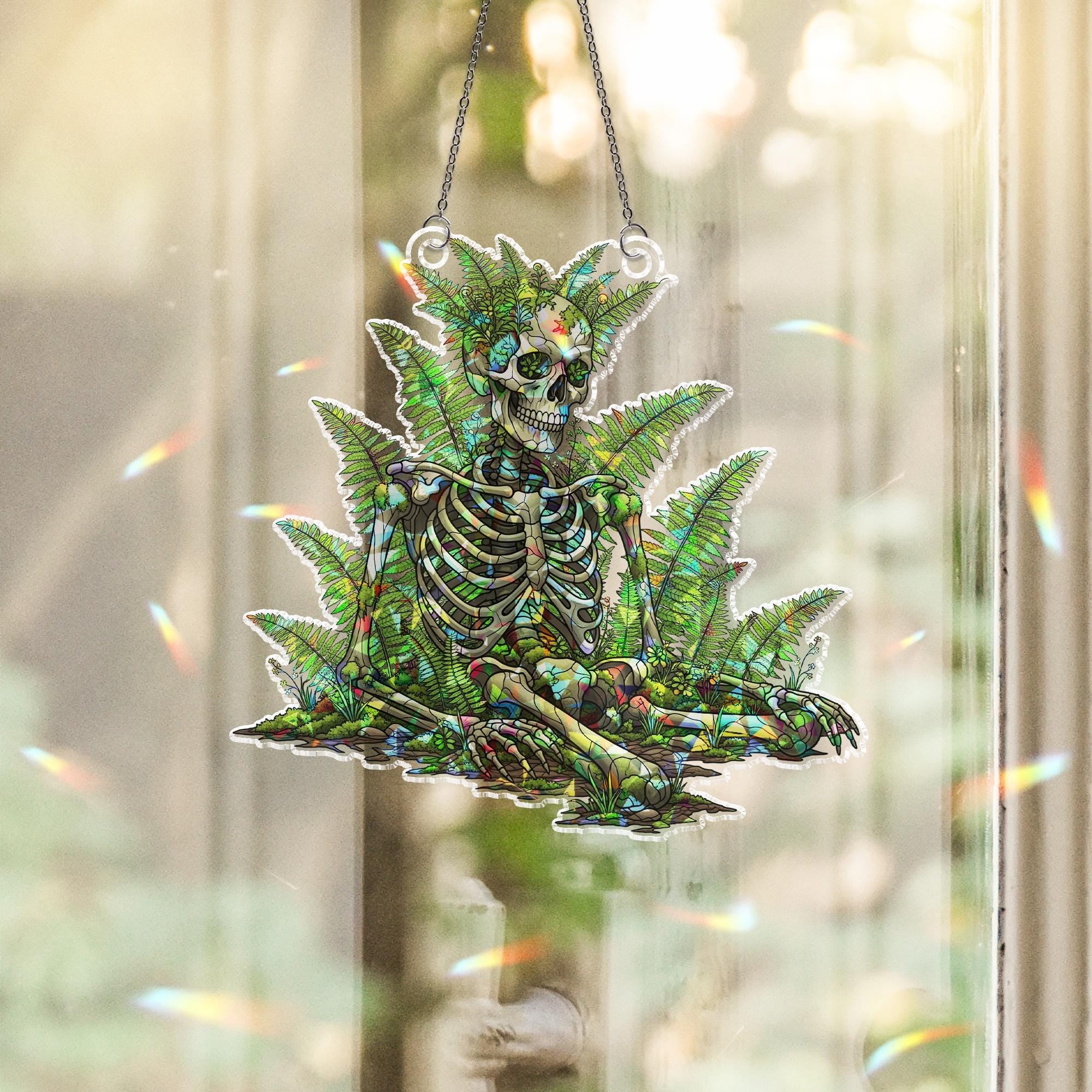 Botanical Skeleton Suncatcher – Stained Glass Gothic Window Decor – Skeleton Plant Art – Cottagecore Skull Gift – Nature Goth SunCatcher