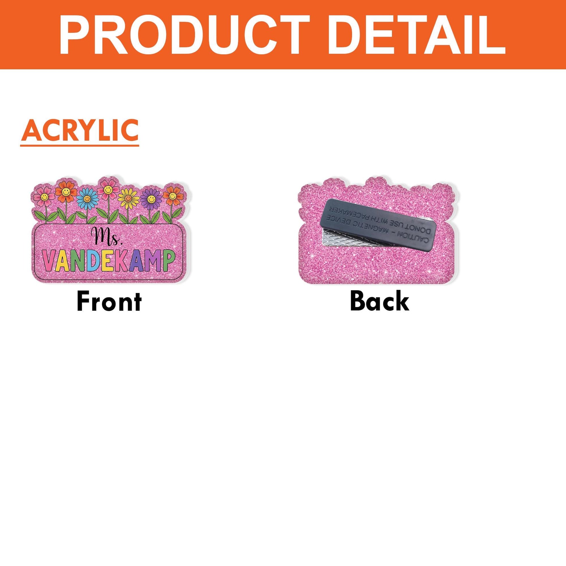 Custom Teacher Name Tag, Floral Name Badge with Magnet, Personalized Faux Glitter Badge, Cute Classroom Gift for Women, Spring Theme ID