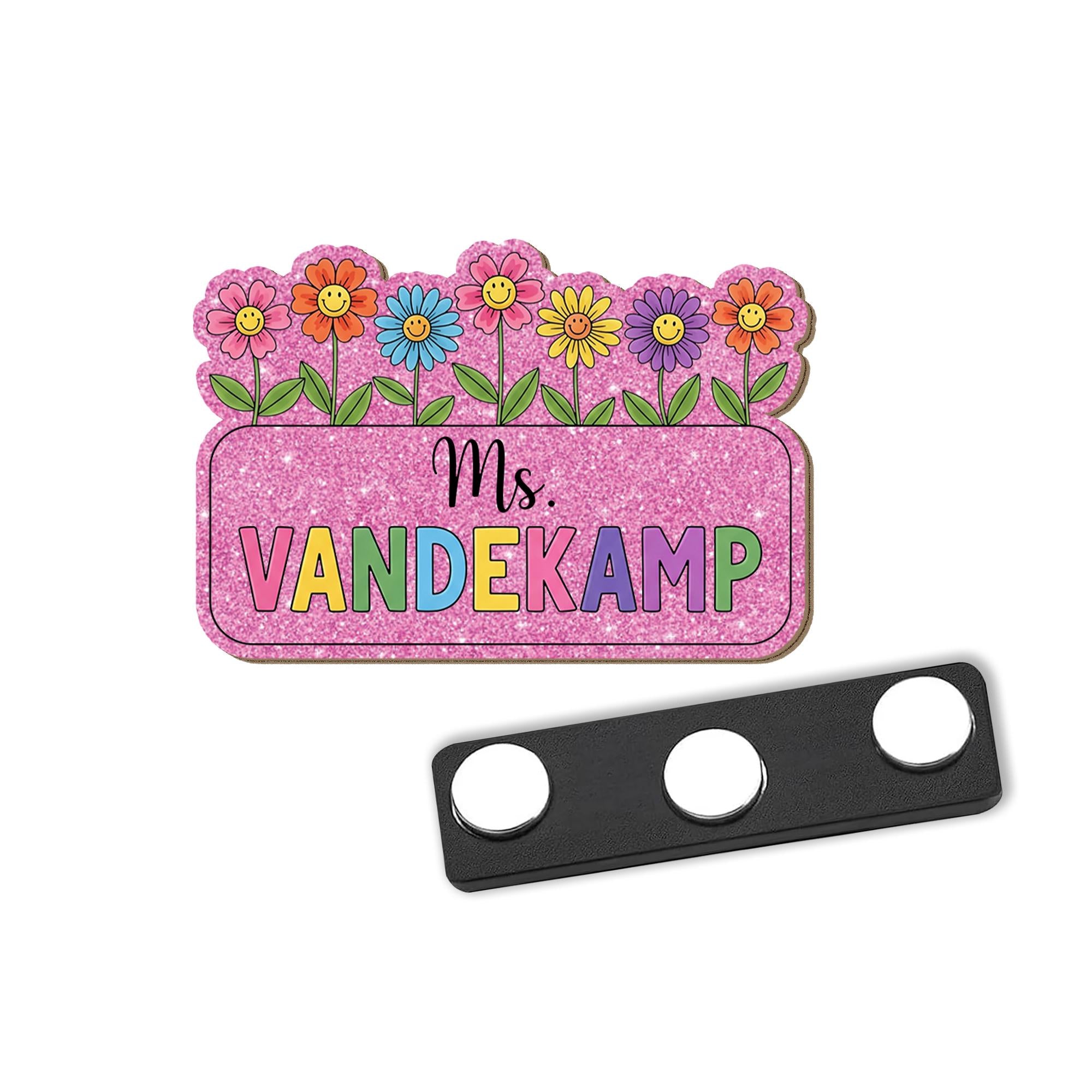 Custom Teacher Name Tag, Floral Name Badge with Magnet, Personalized Faux Glitter Badge, Cute Classroom Gift for Women, Spring Theme ID