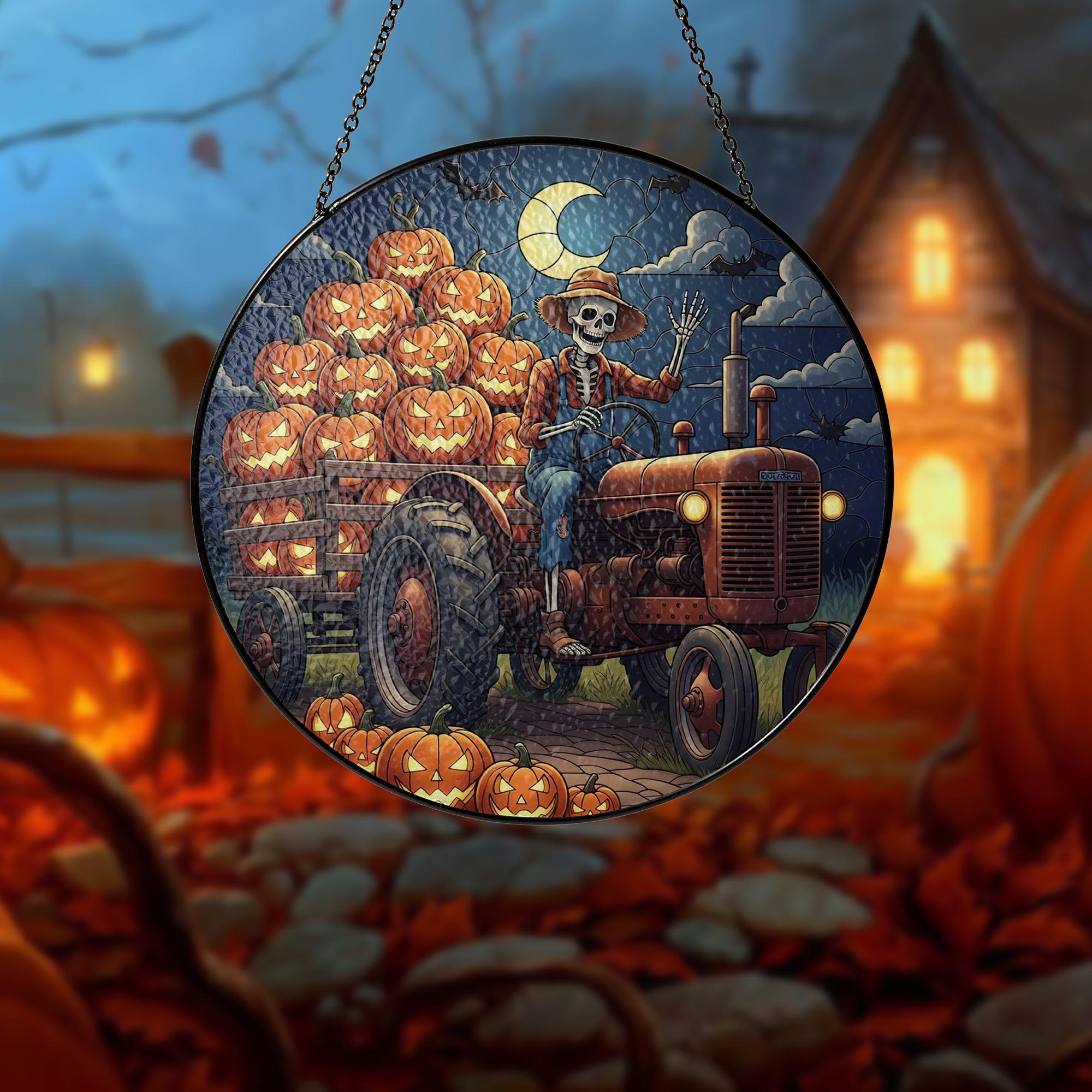 Halloween Skeleton Farmer Suncatcher – Pumpkin Truck Stained Glass Decor – Spooky Fall Window Hanging – Gothic Farmhouse Autumn Art