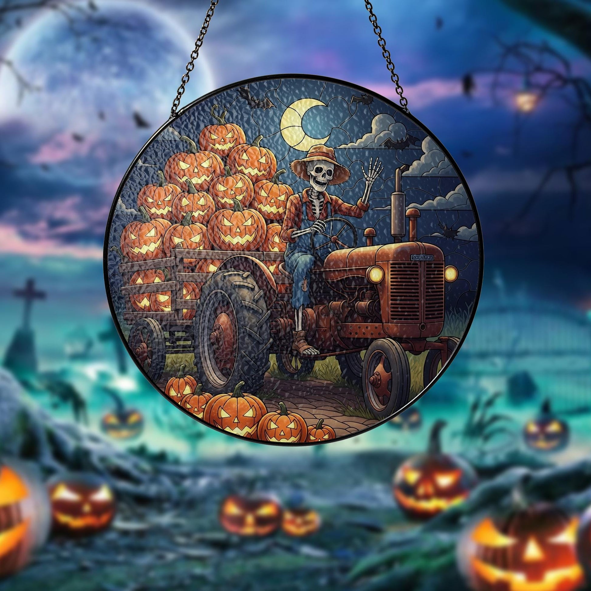 Halloween Skeleton Farmer Suncatcher – Pumpkin Truck Stained Glass Decor – Spooky Fall Window Hanging – Gothic Farmhouse Autumn Art