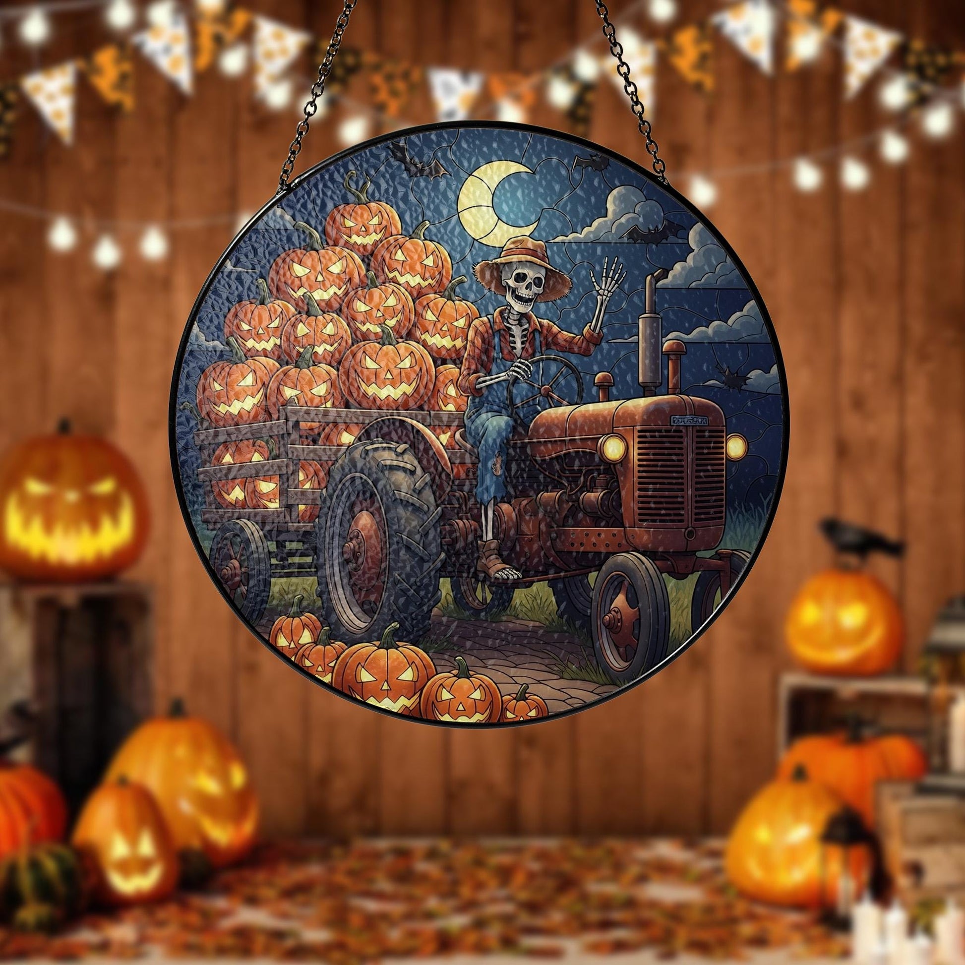 Halloween Skeleton Farmer Suncatcher – Pumpkin Truck Stained Glass Decor – Spooky Fall Window Hanging – Gothic Farmhouse Autumn Art