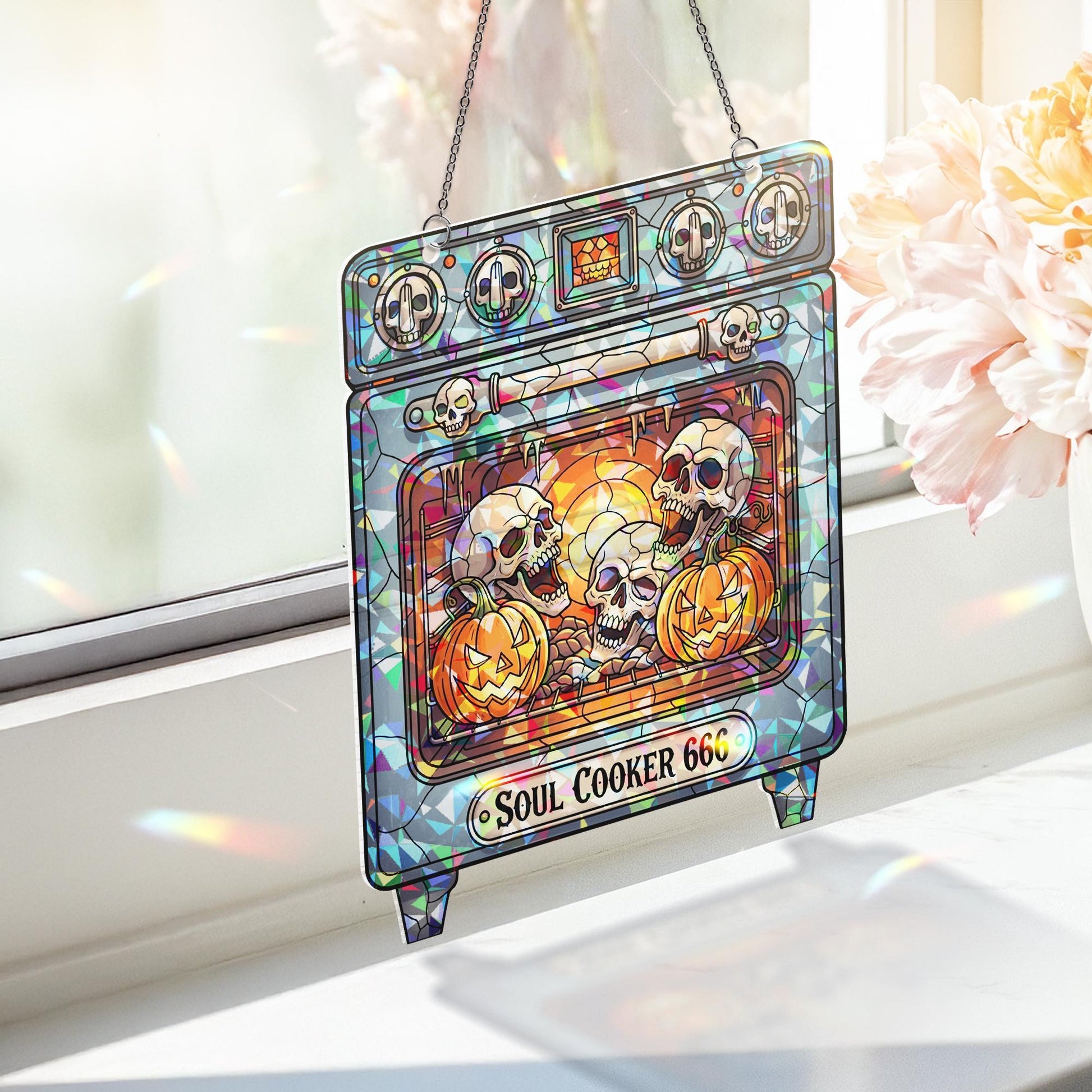 Soul Cooker 666 Stained Glass Suncatcher – Halloween Skull Oven Decor – Spooky Gothic Kitchen Art – Funny Creepy Window Hanging