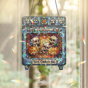 Soul Cooker 666 Stained Glass Suncatcher – Halloween Skull Oven Decor – Spooky Gothic Kitchen Art – Funny Creepy Window Hanging