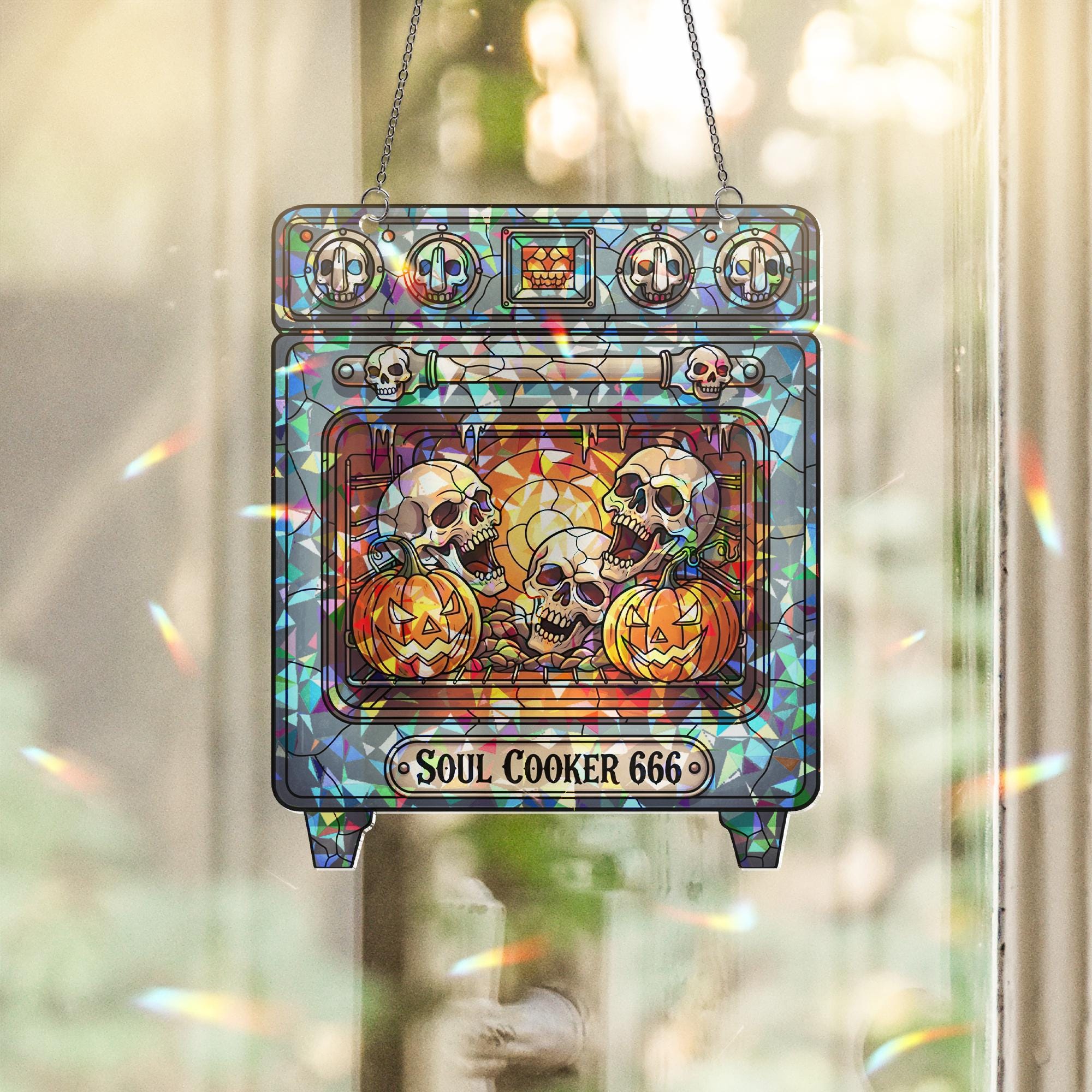 Soul Cooker 666 Stained Glass Suncatcher – Halloween Skull Oven Decor – Spooky Gothic Kitchen Art – Funny Creepy Window Hanging