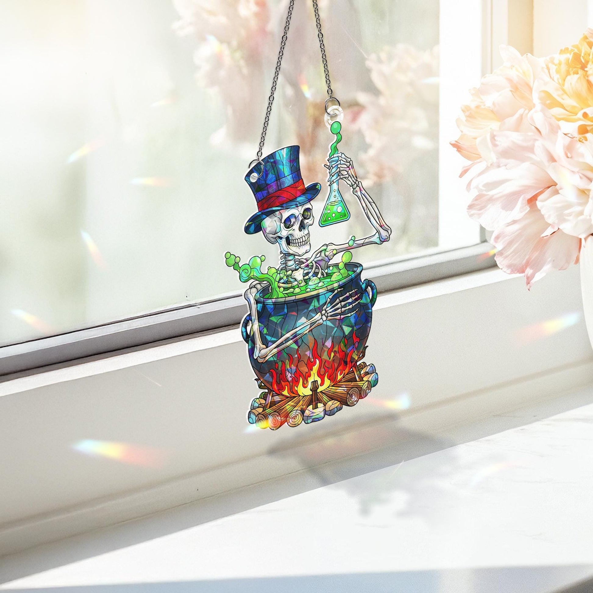 Skeleton Cauldron Suncatcher – Gothic Witch Decor, Halloween Window Hanging, Stained Glass Potion Art, Spooky Alchemy Gift