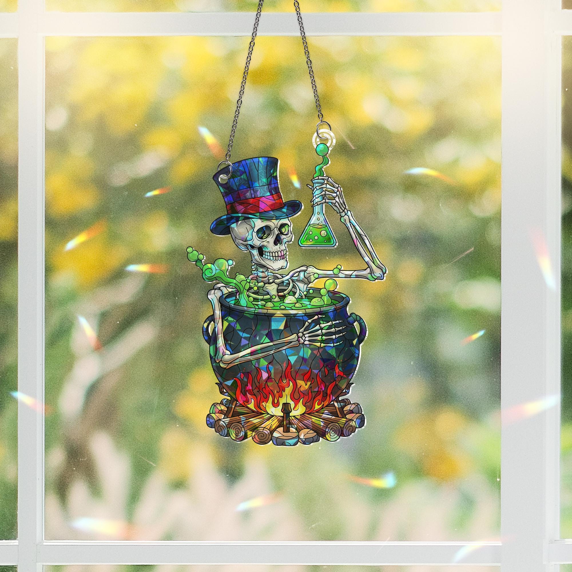 Skeleton Cauldron Suncatcher – Gothic Witch Decor, Halloween Window Hanging, Stained Glass Potion Art, Spooky Alchemy Gift