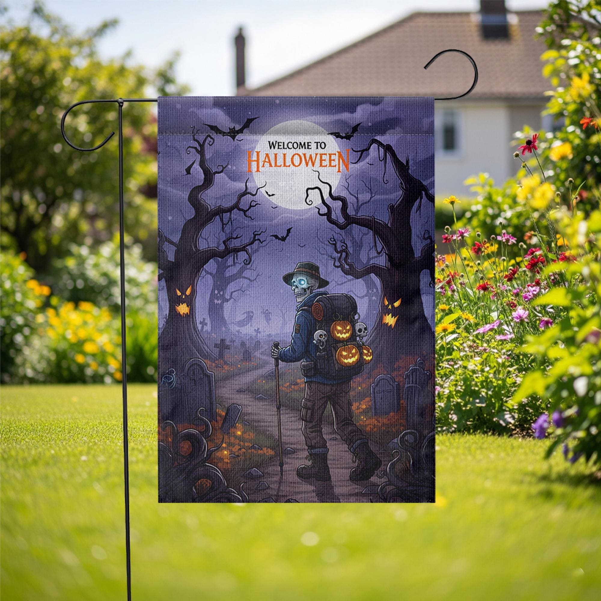 Halloween Garden Flag – Skeleton Pumpkin Graveyard Decor, Spooky Yard Banner, Fall Outdoor Decoration, Welcome to Halloween Sign