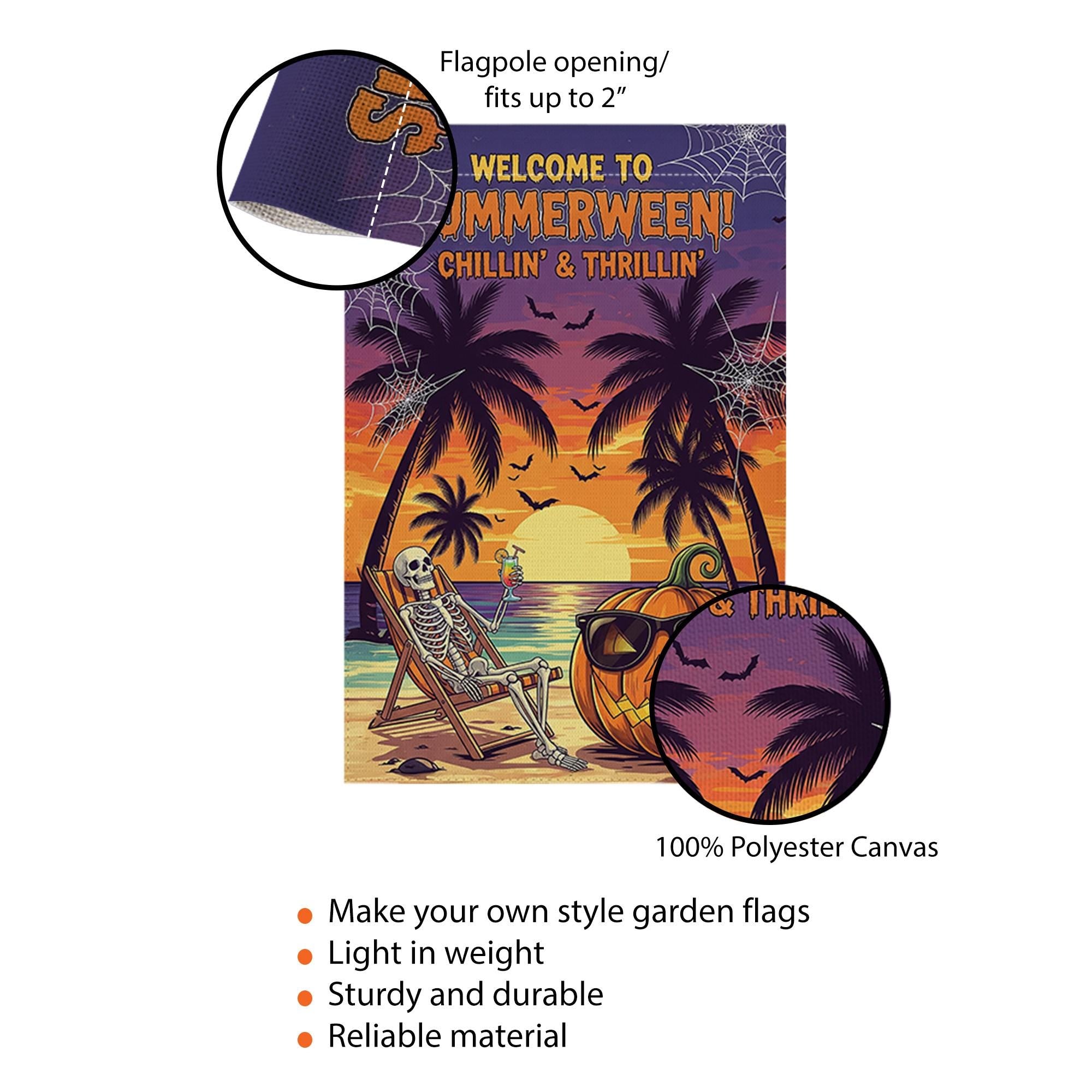 Summerween Garden Flag – Funny Skeleton Pumpkin Decor, Halloween in Summer Banner, Tropical Spooky Yard Decoration, Beach Vibes Sign