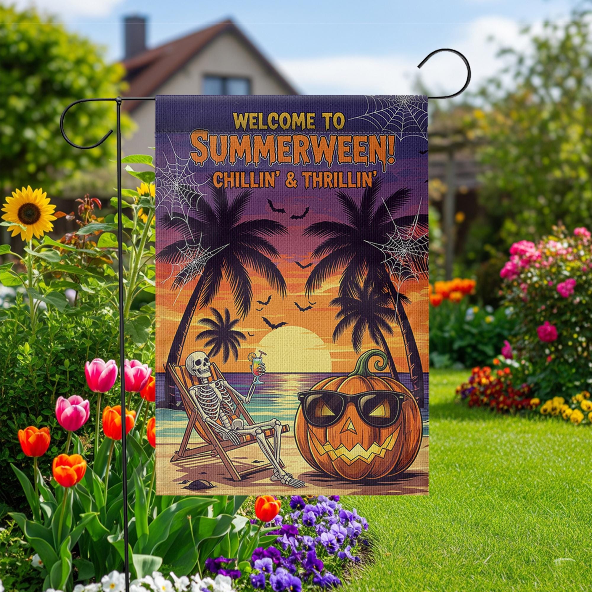 Summerween Garden Flag – Funny Skeleton Pumpkin Decor, Halloween in Summer Banner, Tropical Spooky Yard Decoration, Beach Vibes Sign