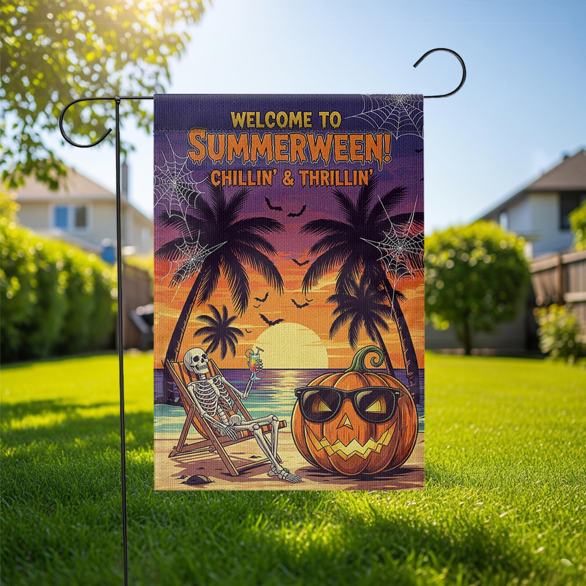 Summerween Garden Flag – Funny Skeleton Pumpkin Decor, Halloween in Summer Banner, Tropical Spooky Yard Decoration, Beach Vibes Sign