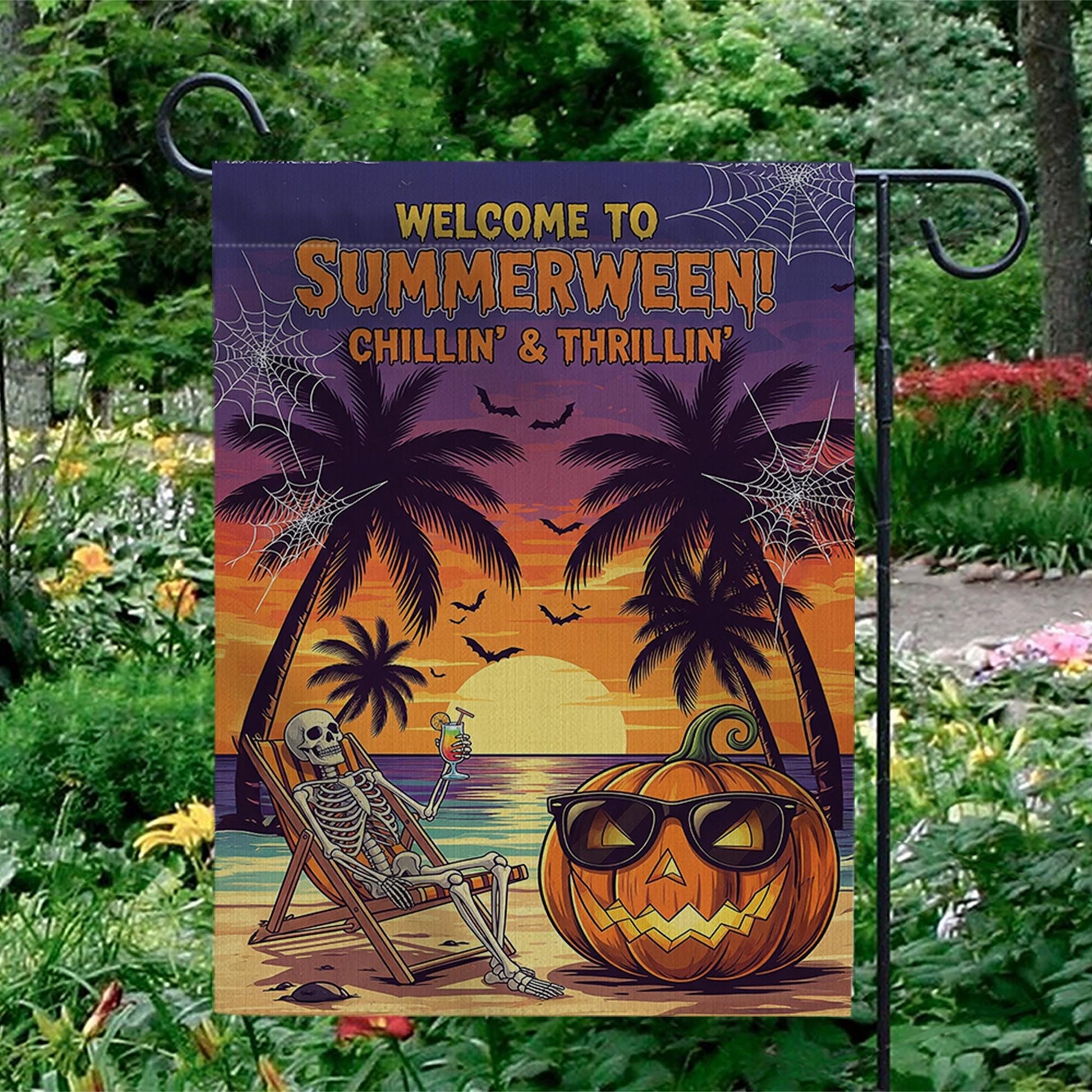 Summerween Garden Flag – Funny Skeleton Pumpkin Decor, Halloween in Summer Banner, Tropical Spooky Yard Decoration, Beach Vibes Sign