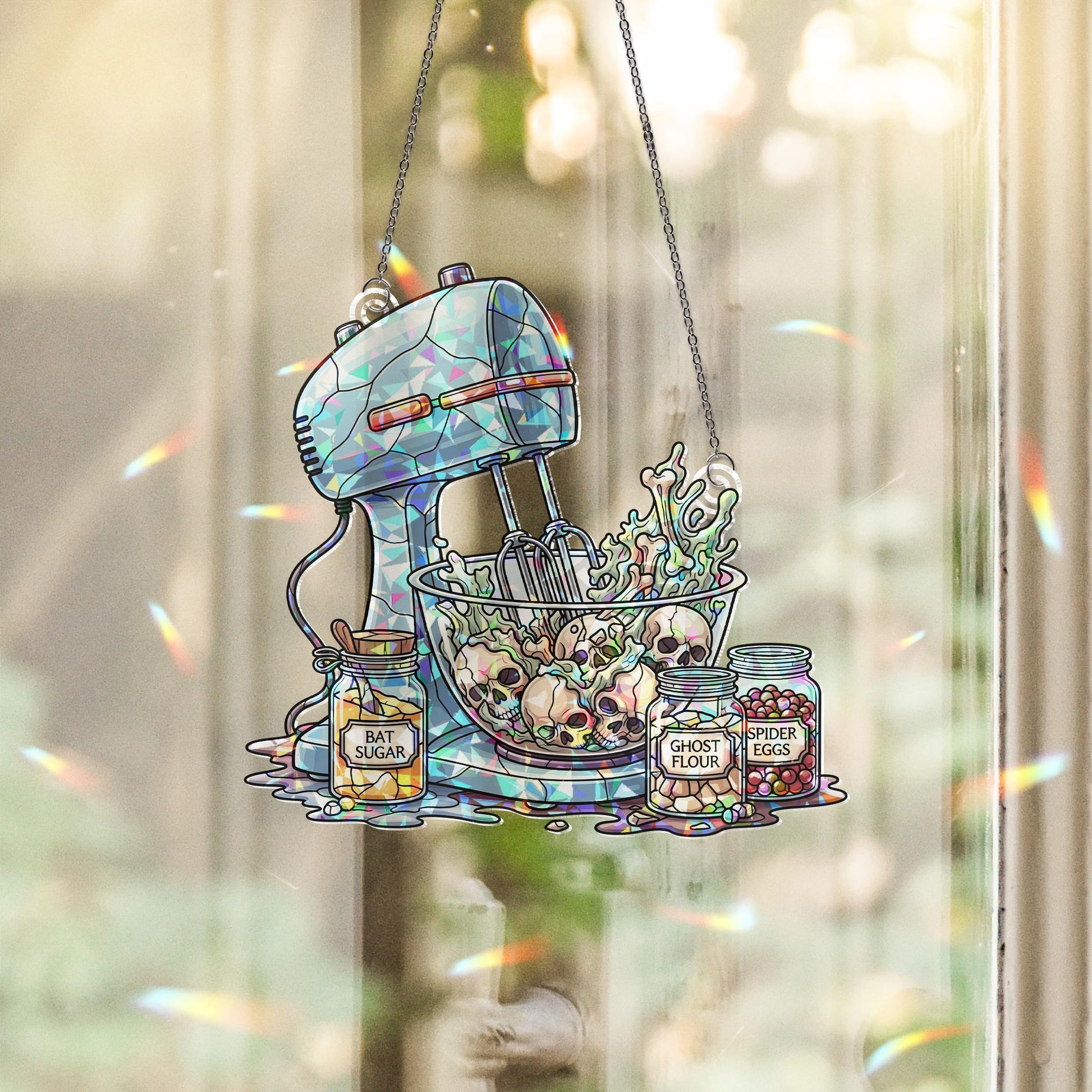 Haunted Kitchen Suncatcher – Witchy Mixer Window Decor, Spooky Baking Ornament, Halloween Stained Glass Hanging, Skull Cookie Art