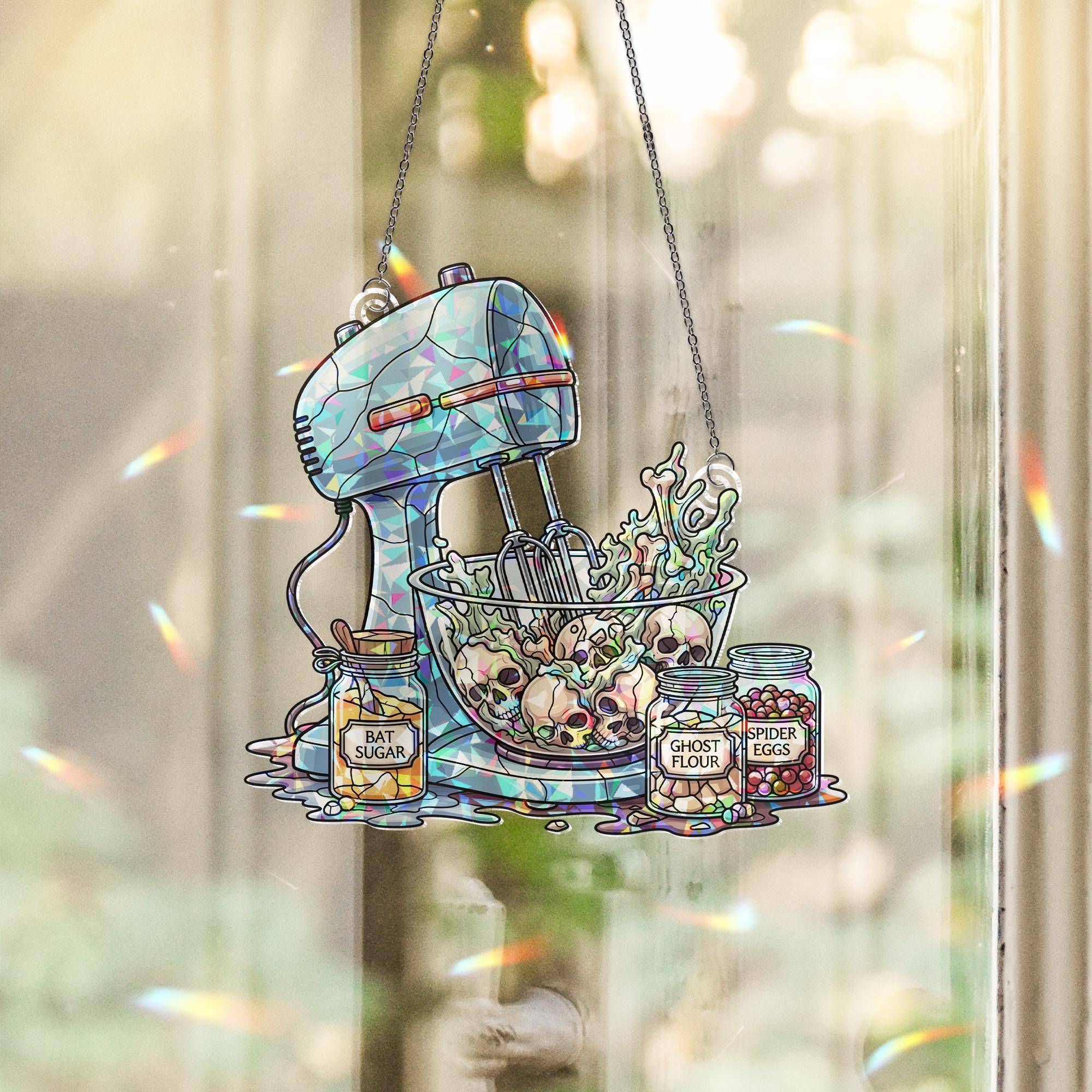 Haunted Kitchen Suncatcher – Witchy Mixer Window Decor, Spooky Baking Ornament, Halloween Stained Glass Hanging, Skull Cookie Art
