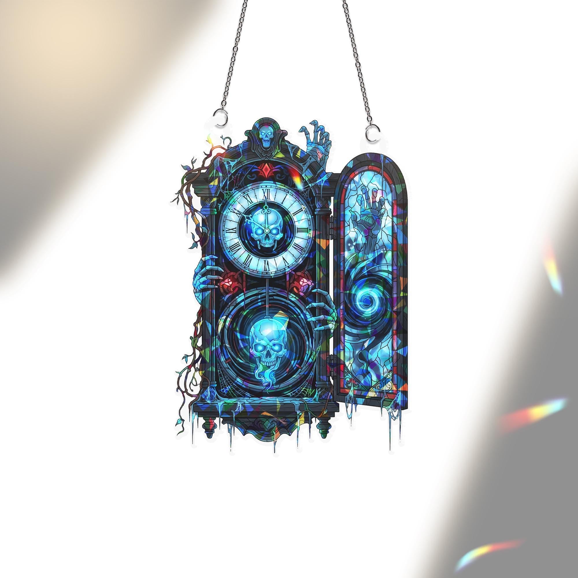 Haunted Clock Suncatcher – Gothic Skull Window Decor, Spooky Stained Glass Ornament, Halloween Ghost Hour Art, Grim Reaper Hanging