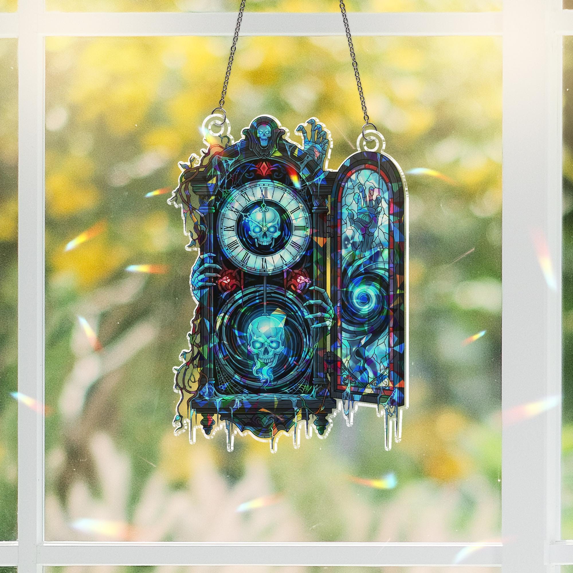 Haunted Clock Suncatcher – Gothic Skull Window Decor, Spooky Stained Glass Ornament, Halloween Ghost Hour Art, Grim Reaper Hanging