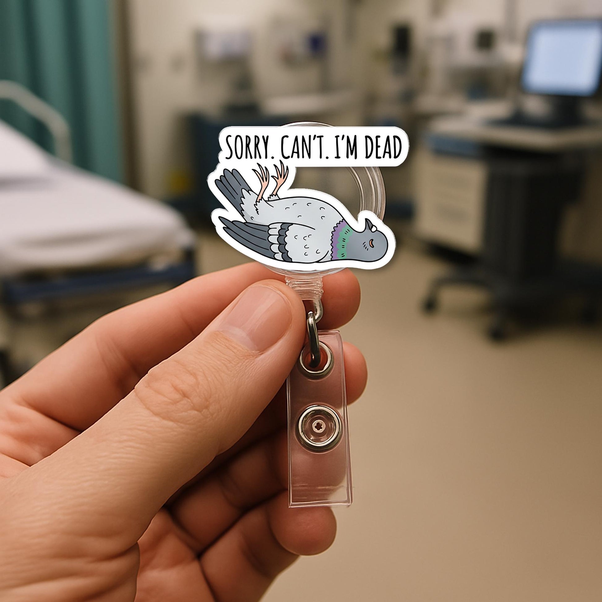 Funny Badge Reel, Sorry Can't I'm Dead Pigeon ID Holder, Nurse Badge Clip, Cute Office Humor Lanyard, Funny Dead Bird Reel