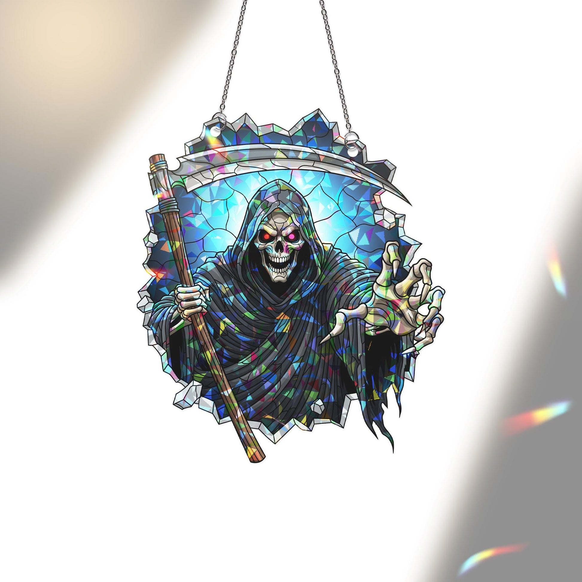 Grim Reaper Suncatcher – Stained Glass Skull Window Decor, Halloween Scythe Ornament, Spooky Gothic Hanging Skeleton Art