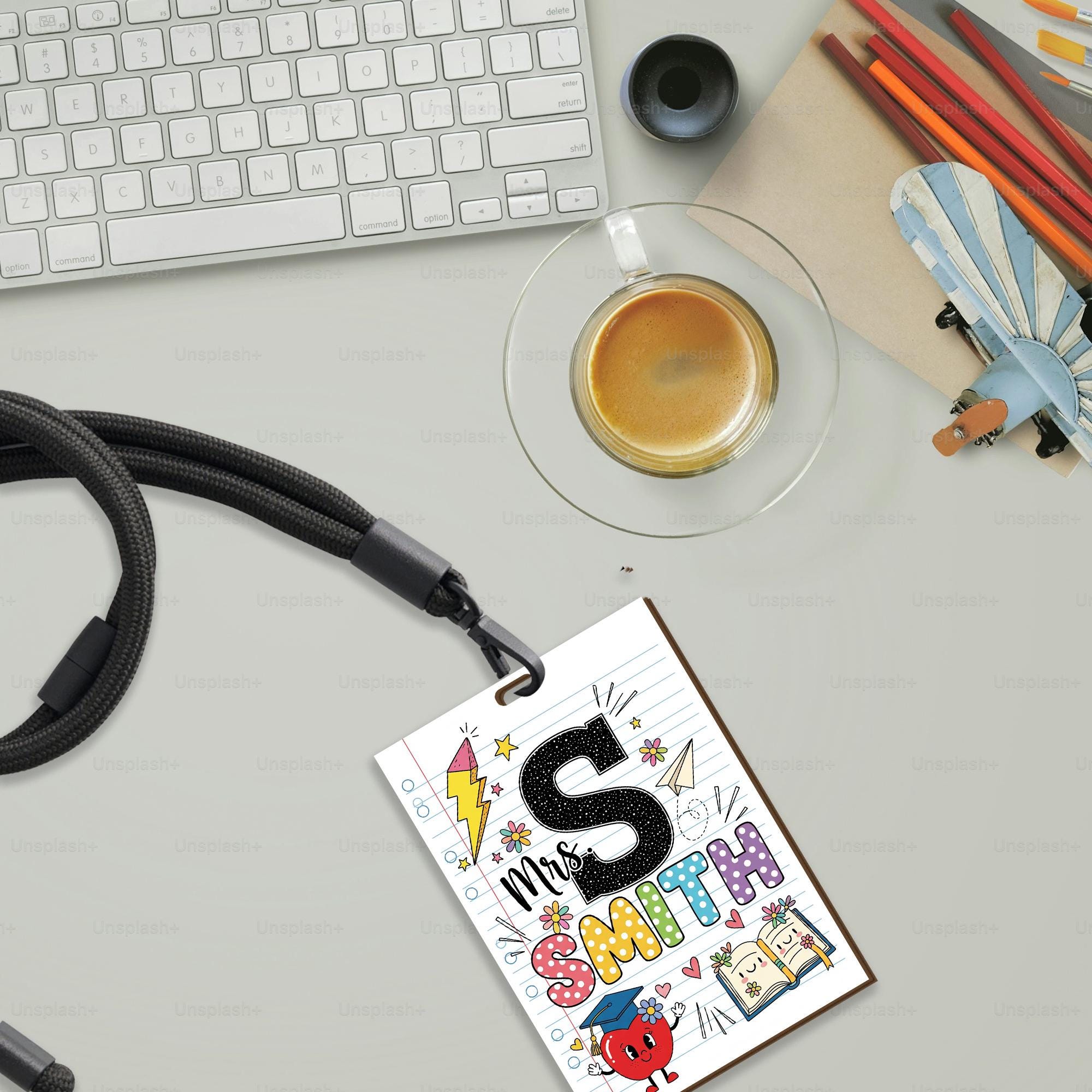 Personalized Teacher Lanyard ID Badge – Cute Doodle School Theme with Name & Initial, Custom Back to School Gift for Educators, Teacher Gift