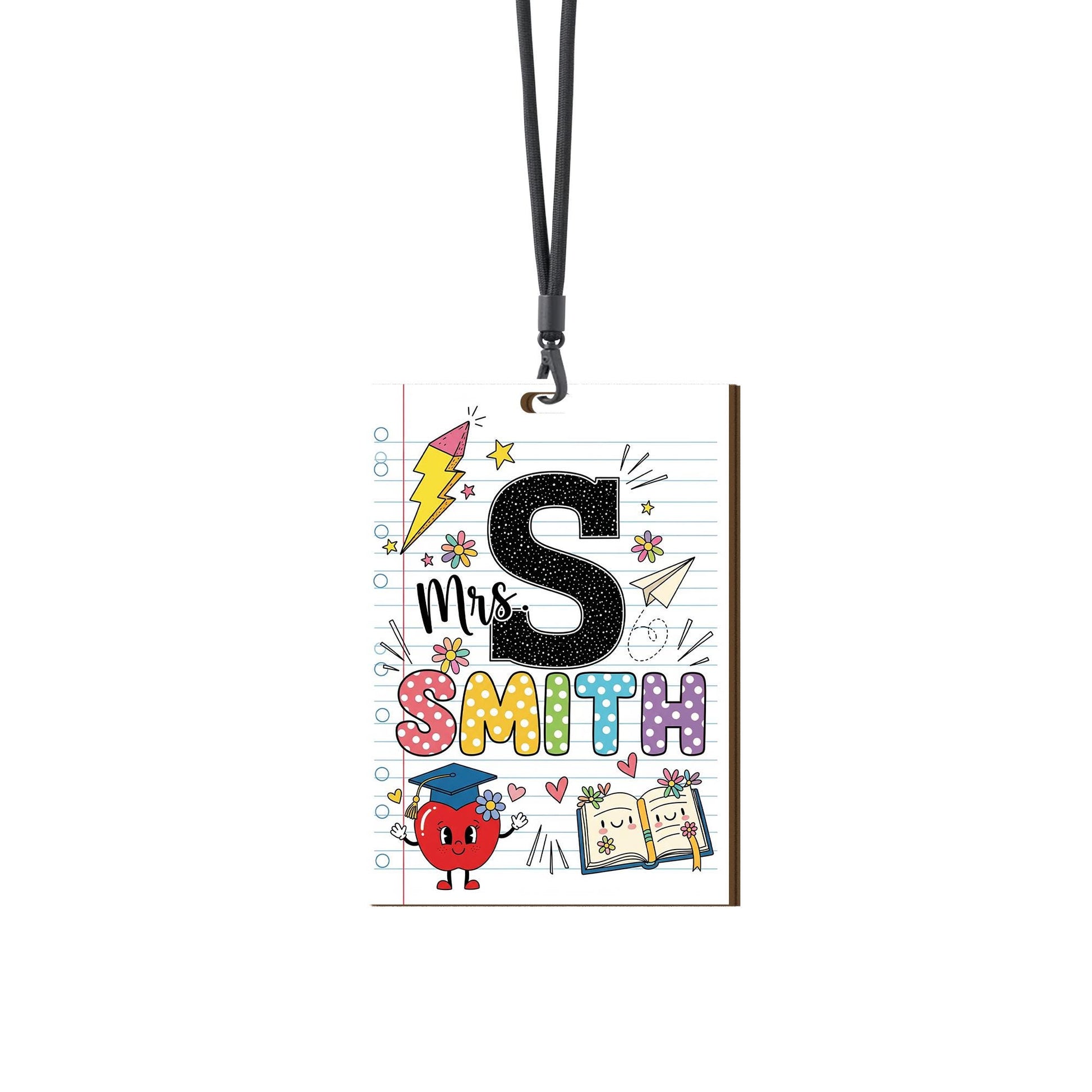 Personalized Teacher Lanyard ID Badge – Cute Doodle School Theme with Name & Initial, Custom Back to School Gift for Educators, Teacher Gift