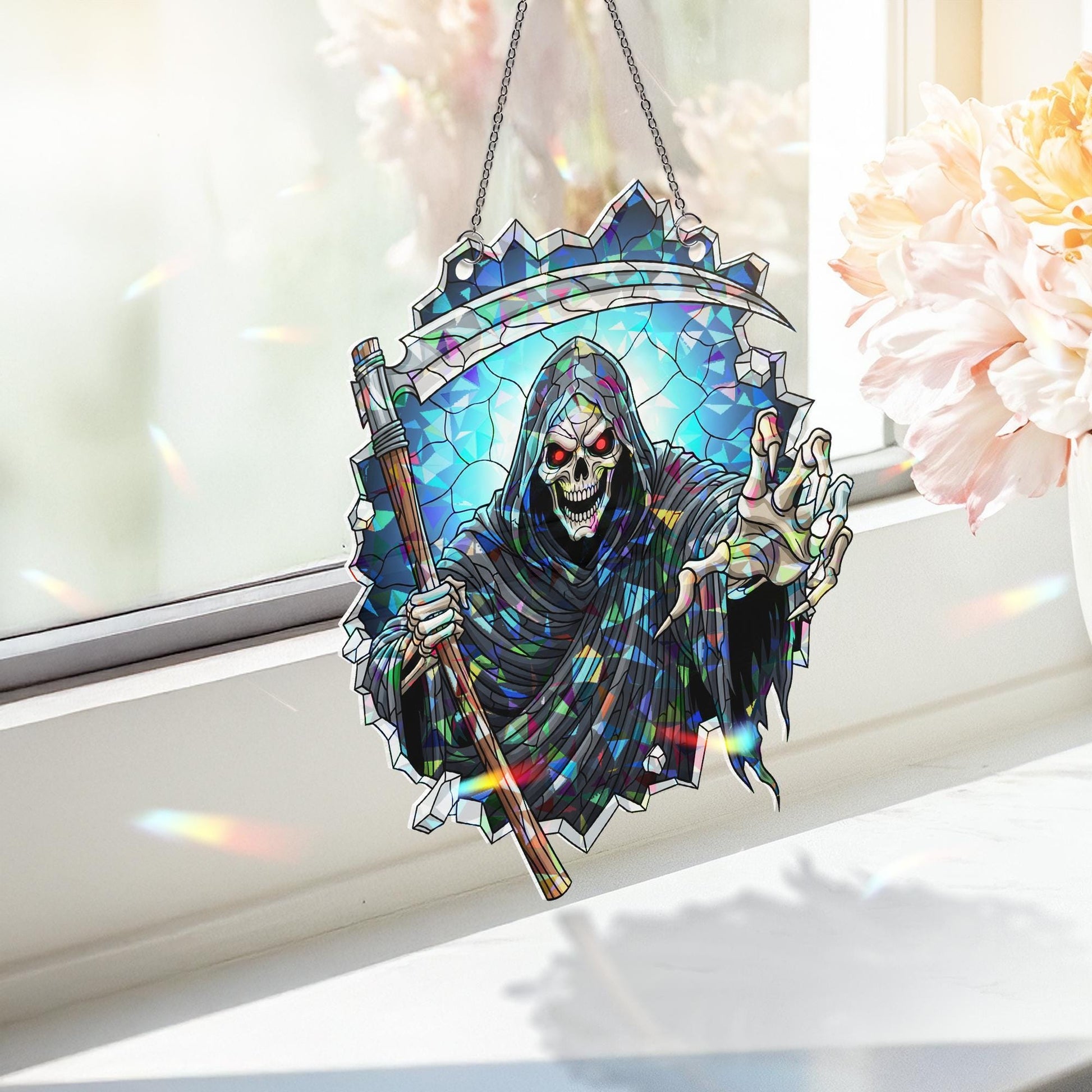 Grim Reaper Suncatcher – Stained Glass Skull Window Decor, Halloween Scythe Ornament, Spooky Gothic Hanging Skeleton Art