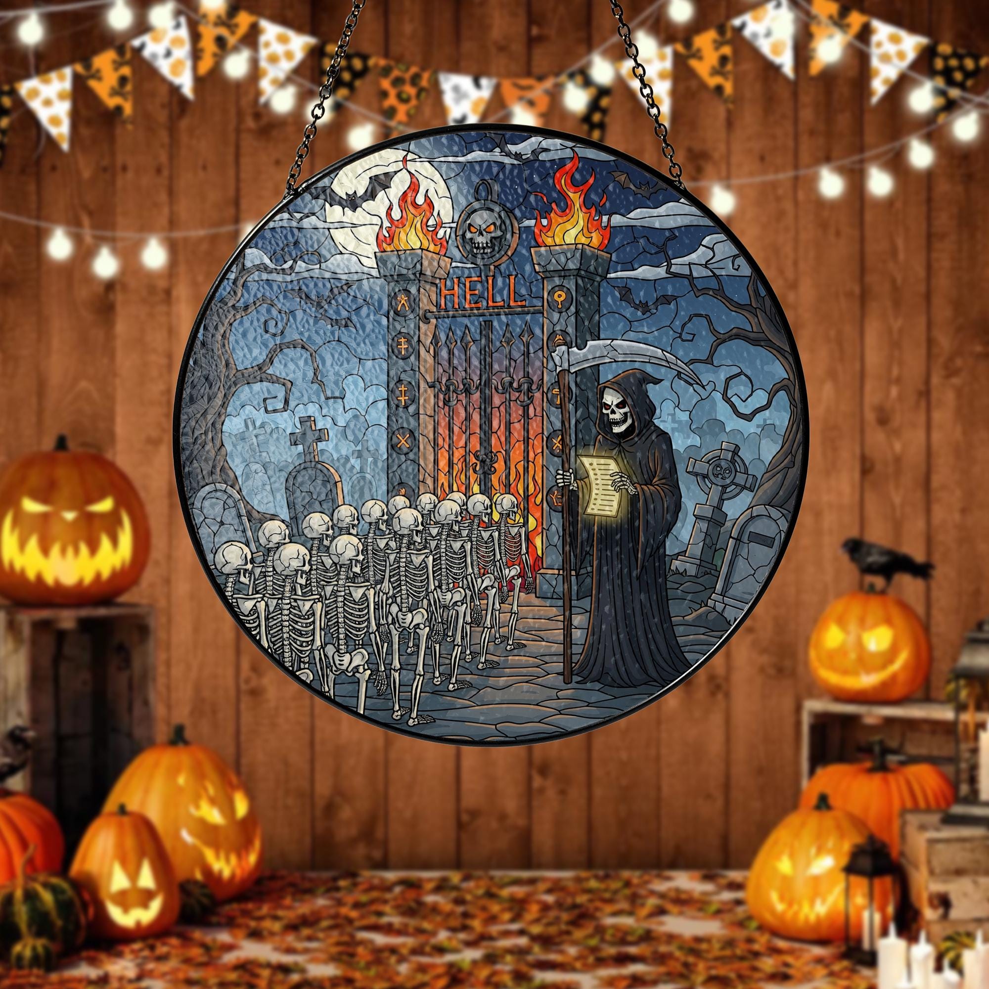Grim Reaper Hell Gate Suncatcher – Gothic Skeleton Halloween Window Decor, Dark Fantasy Horror Art Ornament