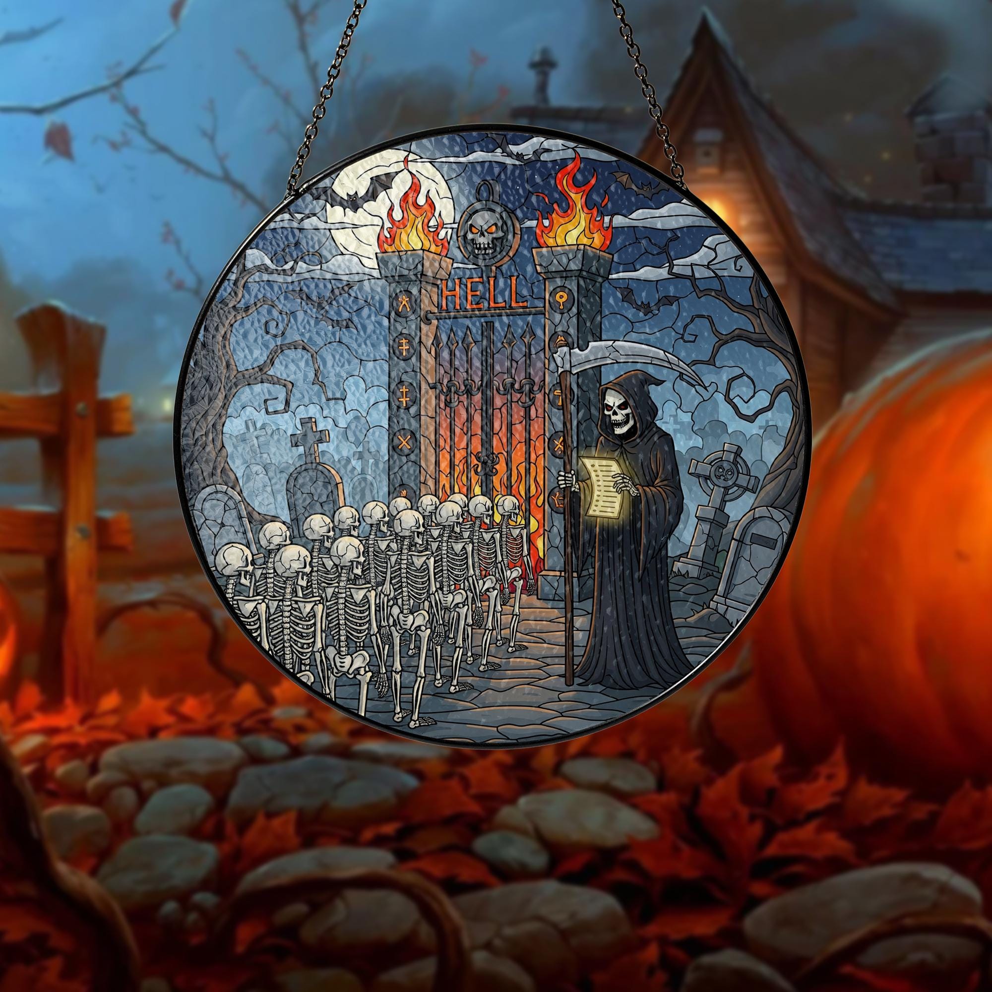 Grim Reaper Hell Gate Suncatcher – Gothic Skeleton Halloween Window Decor, Dark Fantasy Horror Art Ornament