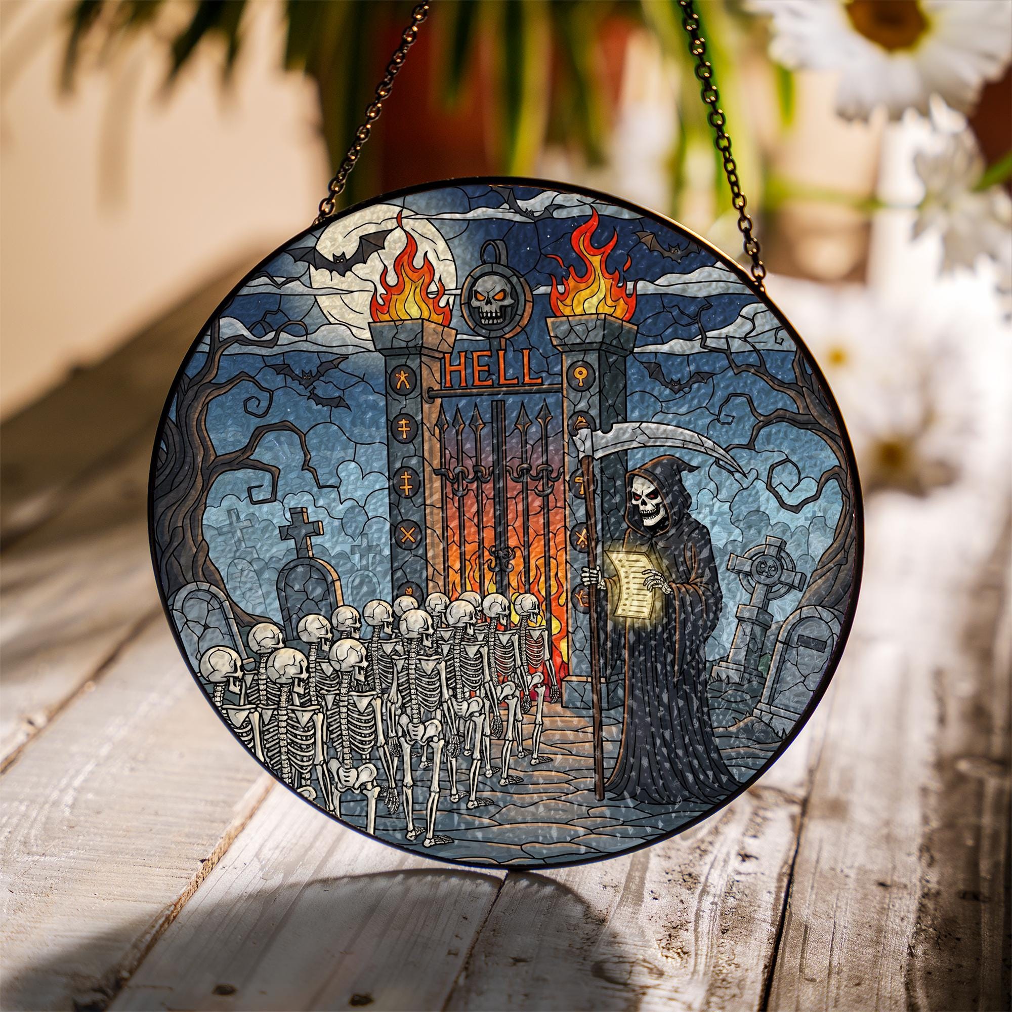 Grim Reaper Hell Gate Suncatcher – Gothic Skeleton Halloween Window Decor, Dark Fantasy Horror Art Ornament